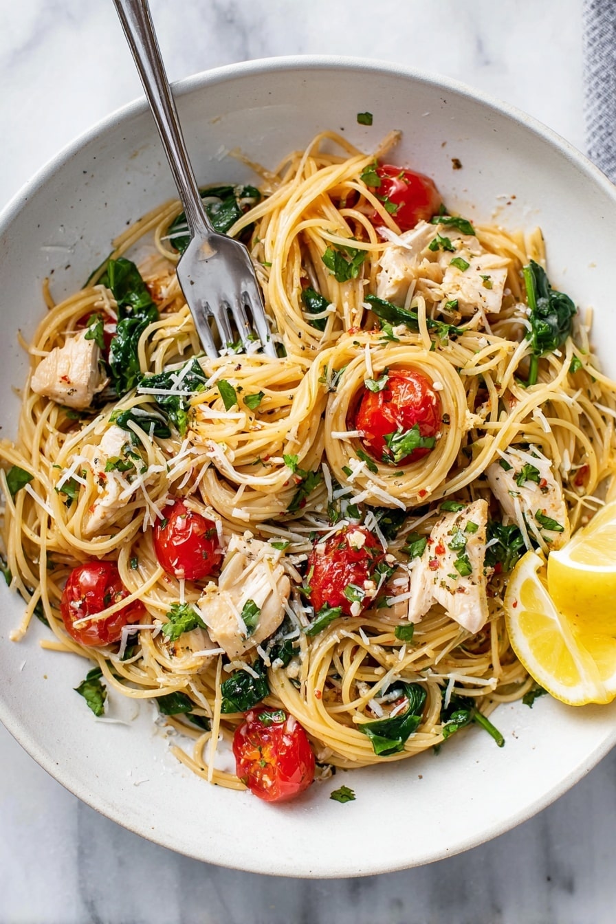 A light plate of spaghetti pasta forms the base with thin, yellowish strands twisted into small nests. Scattered on top are bright red halved cherry tomatoes and chunks of white cooked chicken. Dark green spinach leaves add color contrast, mixed evenly throughout the spaghetti. A sprinkle of grated cheese and bits of chopped green herbs cover the dish lightly. A silver fork rests on the left side, slightly buried in the pasta, with its handle stretching outwards. A lemon wedge sits on the right edge of the white plate, which is placed on a white marbled surface. Photo taken with an iphone --ar 2:3 --v 7 - Creamy Chicken Scampi with Cherry Tomatoes and Spinach, Chicken Scampi, Easy Chicken Dinner, Fresh Tomato and Spinach Pasta, Weeknight Chicken Recipes