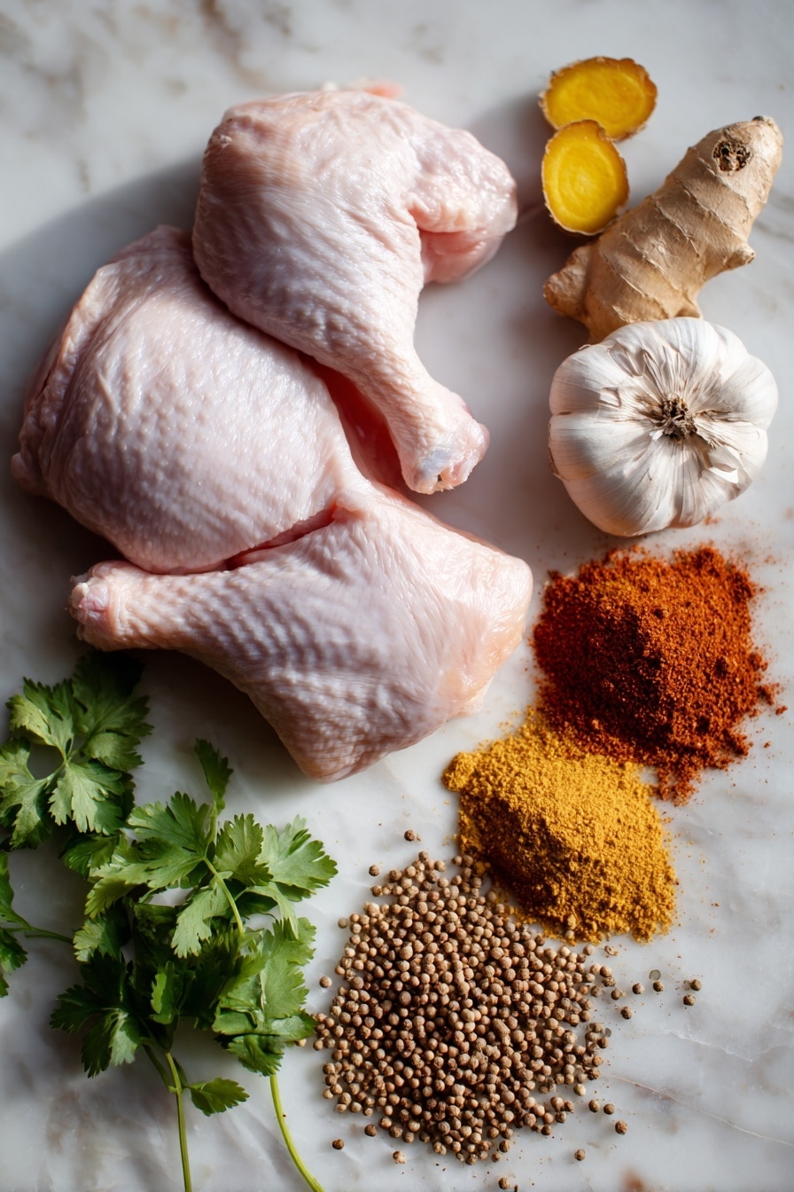 Flat lay of fresh raw chicken quarters with smooth pink skin, bright fresh ginger root with light brown knobby skin and pale yellow flesh exposed, two plump garlic cloves with papery off-white husks, a small heap of vibrant reddish-brown smoked paprika powder, scattered aromatic warm brown cumin seeds, fine dusty cinnamon powder in soft tan shades, a small mound of golden-yellow garam masala powder, and sprigs of fresh green coriander leaves with delicate serrated edges, all naturally arranged with slight overlaps and small shadow play, placed on white marbled surface, photo taken with an iphone --ar 2:3 --v 7 - Authentic Tandoori Chicken, homemade tandoori chicken recipe, spicy tandoori chicken marinade, oven-baked tandoori chicken, Indian-style tandoori chicken
