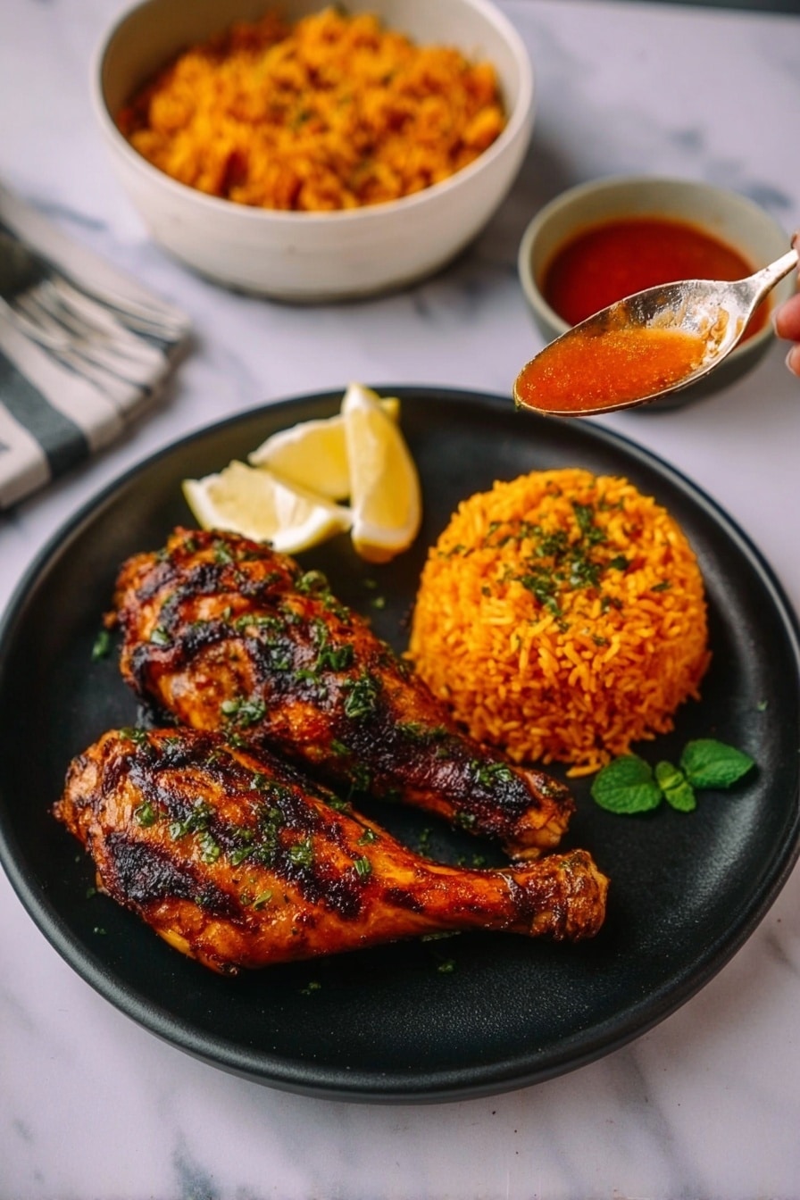 A black plate holds two grilled chicken legs with a dark orange and slightly charred skin, topped with herbs. Next to the chicken legs is a round mound of bright orange rice, garnished with green herbs, and two lemon wedges placed beside the rice. A small green herb leaf is near the rice. To the top left of the plate, there is a white bowl with more orange rice and a white bowl with red sauce positioned on a white marbled surface. A woman’s hand is seen holding a spoon, lifting some rice from the bowl. Photo taken with an iphone --ar 2:3 --v 7 - Authentic Tandoori Chicken, homemade tandoori chicken recipe, spicy tandoori chicken marinade, oven-baked tandoori chicken, Indian-style tandoori chicken