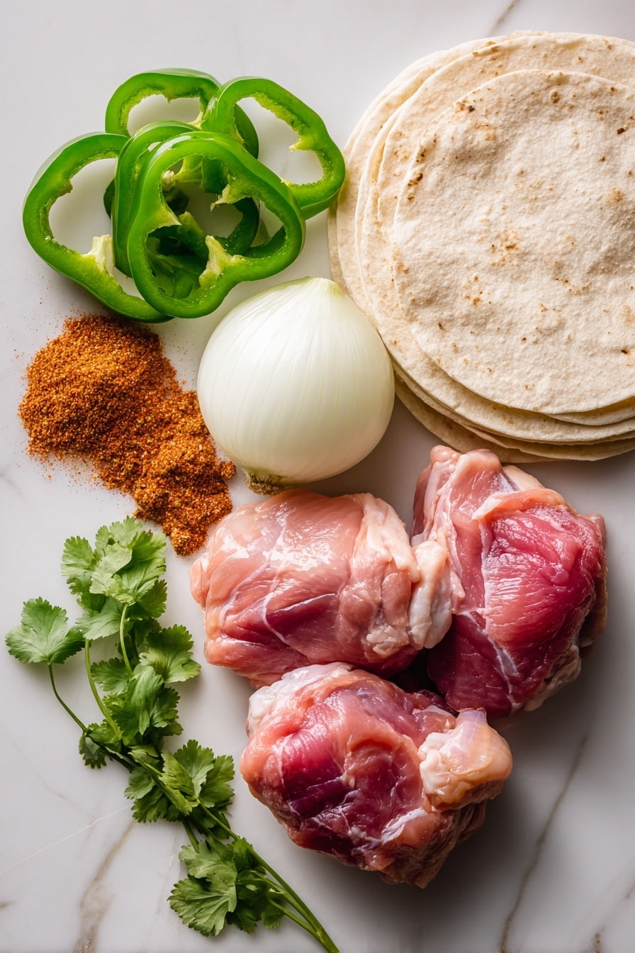 Flat lay of fresh, raw chicken thighs with a rich pink color and marbled fat, vibrant green bell pepper slices showing glossy, smooth skin, thick wedges of crisp white onion with layered texture, a small heap of colorful fajita seasoning powder in warm reds and browns, and soft, uncooked flour tortillas stacked with their pale beige tones and slightly rough edges, all arranged naturally with a few scattered sprigs of fresh cilantro adding bright green leaves and delicate texture, placed on white marbled surface, photo taken with an iphone --ar 2:3 --v 7 - Chicken Fajita Tacos, easy fajita tacos, quick fajita recipe, flavorful chicken tacos, weeknight dinner ideas