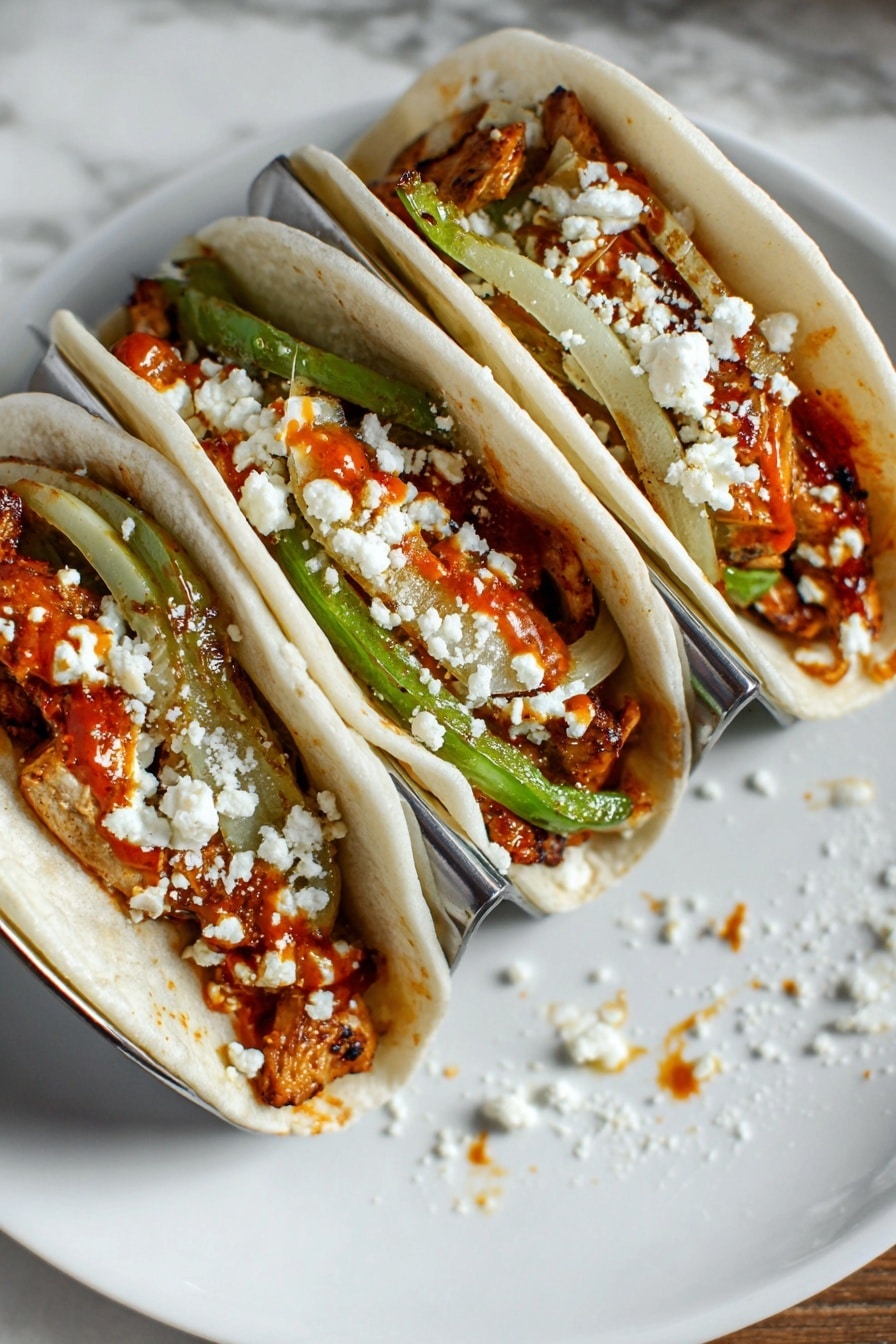 Three soft, white tortillas hold a filling of browned chicken pieces on the bottom, topped with cooked green bell pepper strips and translucent cooked onion slices. A reddish-orange sauce is drizzled over the vegetables, and crumbled white cheese is sprinkled on top. The tacos rest in a metal taco holder, placed on a white plate with some sauce and cheese crumbs around. The plate is set on a white marbled surface. Photo taken with an iphone --ar 2:3 --v 7 - Chicken Fajita Tacos, easy fajita tacos, quick fajita recipe, flavorful chicken tacos, weeknight dinner ideas