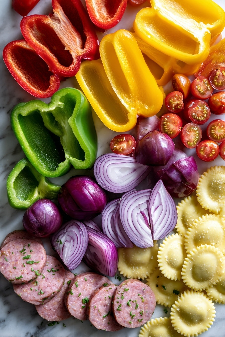 Flat lay of vibrant red, green, and yellow bell peppers cut into large chunks, deep purple-red small onions halved to show their layers, plump shiny red grape tomatoes sliced in halves, slices of pale pink Italian-style chicken sausage with flecks of cheese and herbs, and a handful of round, golden cheese ravioli with delicate ridges visible on their edges, all arranged naturally with a mix of smooth, glossy, and textured surfaces, placed on white marbled surface, photo taken with an iphone --ar 2:3 --v 7 - Lightning-Fast Cheesy Three-Pepper Ravioli with Italian Sausage, quick Italian pasta recipe, easy cheesy sausage pasta, vibrant pepper ravioli, weeknight dinner ideas