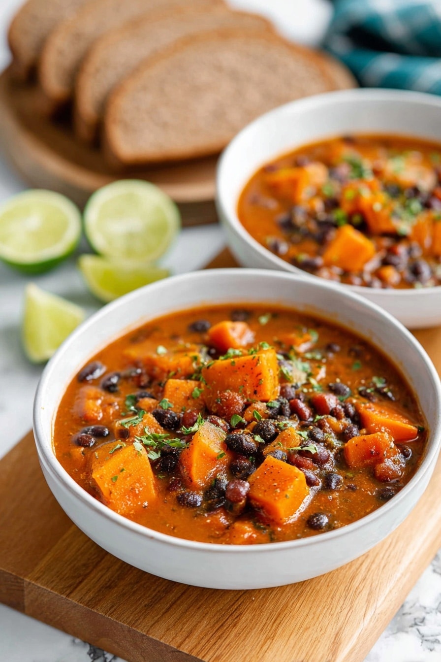 A white bowl filled with a stew made of three layers: bright orange cubes of sweet potato on the bottom and scattered through the stew, a layer of dark black beans mixed with cooked onions and small tomato pieces, all covered in a rich reddish-brown broth, topped with small green chopped herbs in the center. The bowl is placed on a wooden board with two silver spoons on the board behind it, sliced brown bread in the blurred background on a white marbled surface, and a lime wedge with green herbs on the right side. Another white bowl with the same stew is partially visible on the right. Photo taken with an iphone --ar 2:3 --v 7 - Sweet Potato Black Bean Soup, Healthy vegan soup recipe, Easy vegetarian soup, Nutritious black bean soup, Comforting plant-based dinner