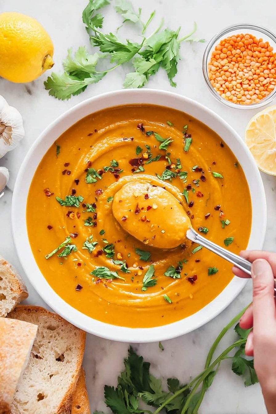 A large blue cooking pot filled with a smooth, thick orange soup covering the entire pot. A woman's hand holds a wooden spoon, stirring the soup which has a creamy texture with small bubbles on the surface. The pot is on a black cooktop set on a white marbled countertop. To the top right, there is a white bowl filled with orange lentils, and to the left, a striped cloth with two garlic bulbs and two garlic cloves resting on it. Photo taken with an iphone --ar 2:3 --v 7 - Creamy Red Lentil Soup, Easy One-Pot Lentil Soup, High-Protein Vegan Soup, Hearty Red Lentil Recipes, Healthy Lentil Soup