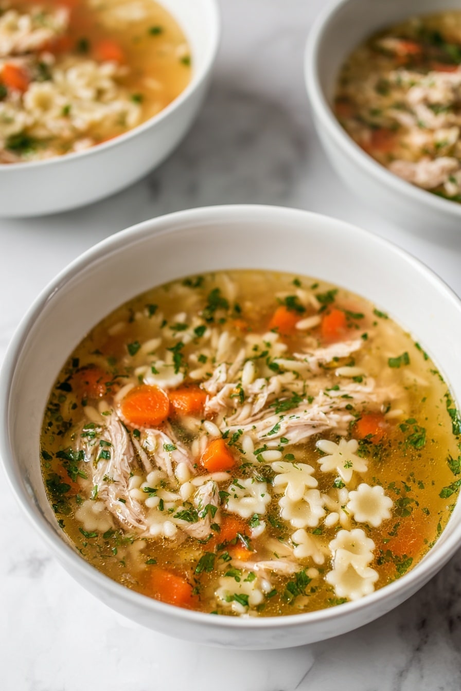 A white bowl filled with a warm soup showing three clear layers: a top layer with small chunks of orange carrots and bits of green parsley floating in a light, golden broth; a middle layer of soft white rice grains mixed with tender, light brown shredded chicken pieces; and a bottom thin layer of broth collecting at the base. The bowl sits on a white marbled surface, and in the background, another white bowl with the same soup is slightly out of focus, along with a metallic grater resting on the surface. photo taken with an iphone --ar 2:3 --v 7 - Parmesan Chicken Pastina Soup, creamy chicken pasta soup, comforting chicken and pasta soup, savory parmesan broths, easy chicken pasta dinner