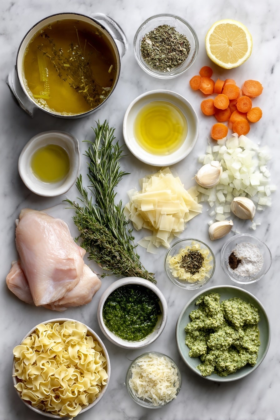 Flat lay of a small bowl of extra virgin olive oil and salted butter, one chopped yellow onion, two sliced shallots, six garlic cloves, four ribs of chopped celery, six chopped carrots, a small pile of fresh thyme leaves, a tablespoon of chopped fresh rosemary, a teaspoon of crushed fennel seeds, a large pot of chicken bone broth, two boneless chicken breasts, a small bowl of chopped broccoli florets, a small bowl of basil pesto, a handful of chopped baby spinach, a lemon wedge with juice dripping, a small heap of egg noodles, a small bowl of chopped parsley, parmesan cheese wedges and fresh dill sprigs placed on a white marble surface, photo taken with an iphone --ar 2:3 --v 7 - Lemony Pesto Chicken Noodle Soup, lemon chicken noodle soup, healthy pesto chicken soup, flavorful chicken noodle soup, bright lemon chicken soup