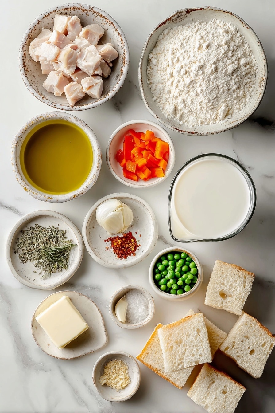 Flat lay of a small bowl of olive oil, a generous pat of unsalted butter, a small heap of flour, one minced garlic clove, half a small brown onion finely chopped, a small diced carrot, half a finely chopped red bell pepper, a small diced celery stick, a rustic bowl of chicken stock, a large glass of milk, a few scattered dried herbs and spices in small dishes, a handful of frozen peas, a cup of cooked diced chicken, and two slices of white bread cut into cubes, all placed on a white marble surface, photo taken with an iphone --ar 2:3 --v 7 - Homemade Cream of Chicken Soup, creamy chicken soup from scratch, homemade chicken soup base, easy homemade chicken soup, DIY cream of chicken