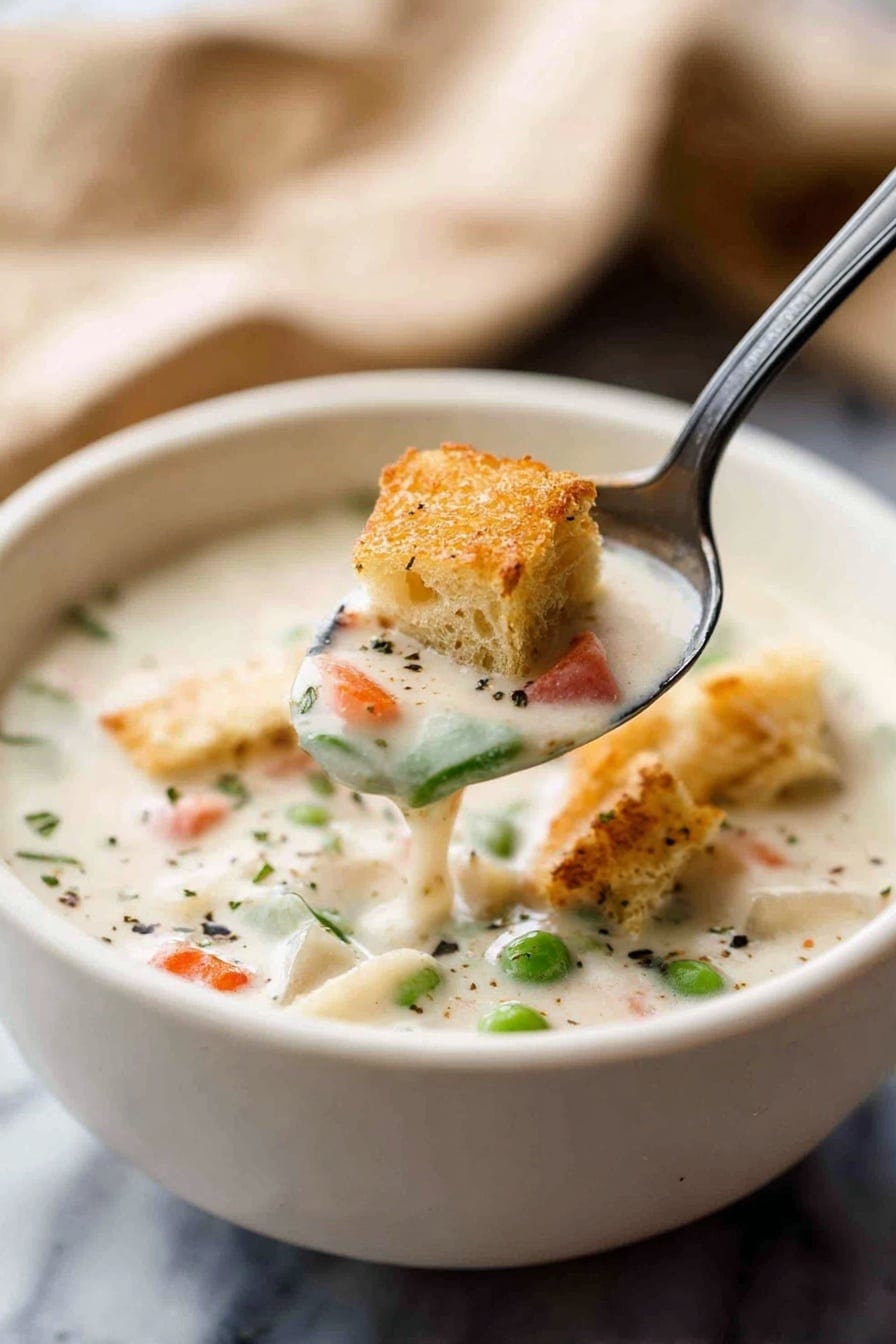 A bowl of creamy white soup fills a white bowl with a smooth texture. On top, there are small green peas and chunks of soft white meat mixed into the soup. Bright orange and red vegetable pieces add color, scattered among fresh green herbs. Golden brown croutons rest on the surface, giving a crispy contrast. The white bowl sits on a white marbled surface. Photo taken with an iphone --ar 2:3 --v 7 - Homemade Cream of Chicken Soup, creamy chicken soup from scratch, homemade chicken soup base, easy homemade chicken soup, DIY cream of chicken