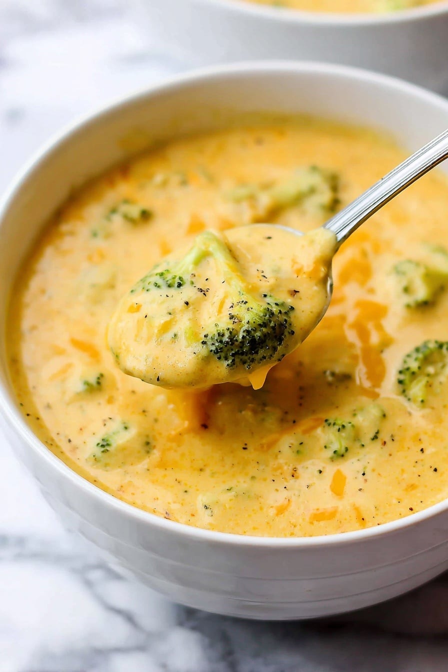 A white bowl filled with creamy yellow broccoli cheese soup sits on a white plate over a white marbled surface. The soup has small green broccoli florets and shredded orange cheese mixed in, with a smooth but thick texture. There is a silver spoon with an ornate handle resting inside the bowl on the right side, partially submerged in the soup. Light black pepper sprinkles are scattered on top, adding small dark spots. The image has soft natural lighting, highlighting the warm and comforting feel of the dish. Photo taken with an iphone --ar 2:3 --v 7 - Vegan Broccoli Cheddar Soup, dairy-free cheesy soup, plant-based creamy soup, vegan broccoli soup recipe, healthy vegan soup