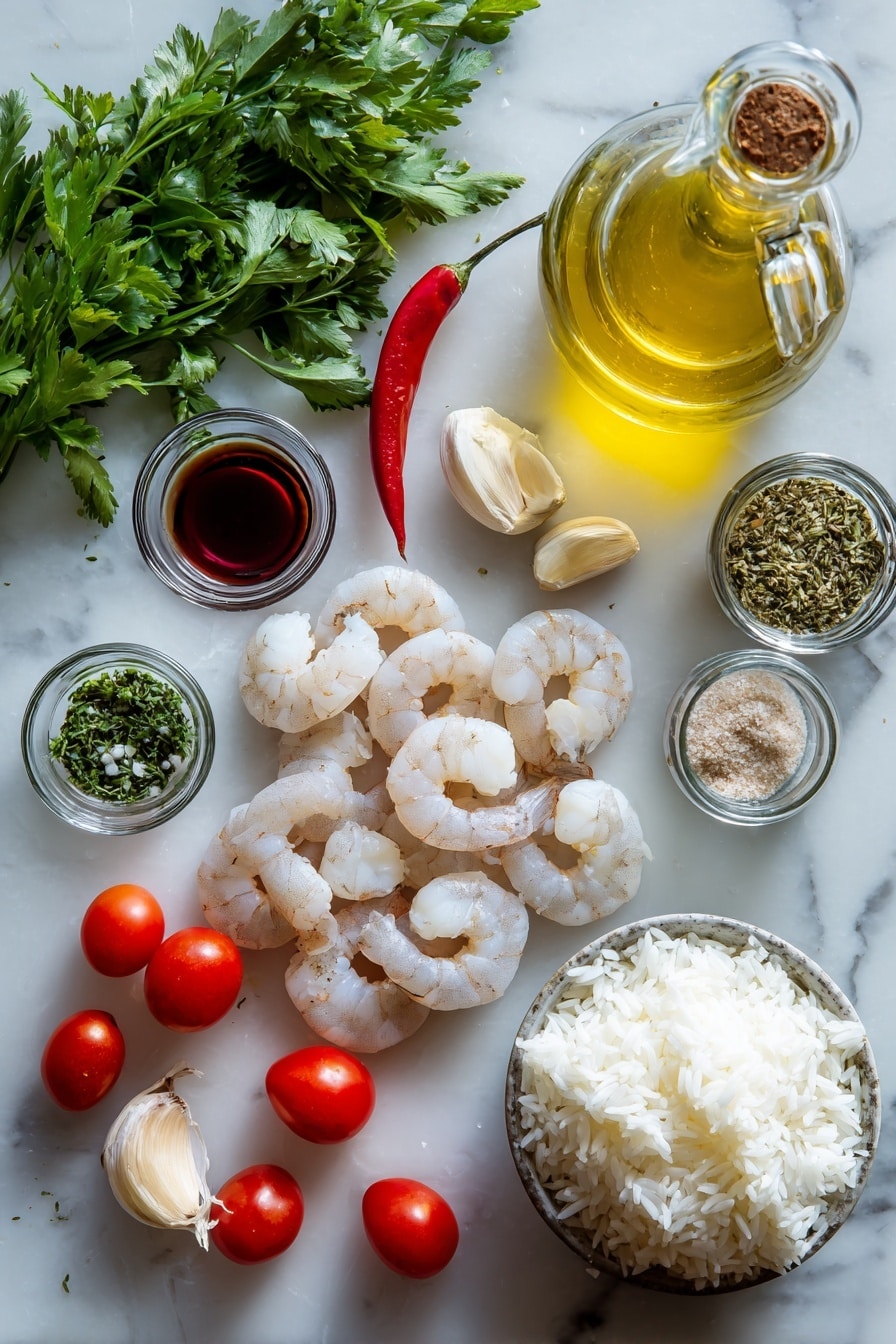 Flat lay of a small bottle of olive oil with some poured out, a couple of tablespoons of red wine vinegar in a tiny glass bowl, a generous handful of fresh parsley, one small red chile, three peeled garlic cloves, a teaspoon of dried oregano in a spice jar, a pinch of salt in a small pile, about a dozen raw jumbo shrimp arranged neatly, a small bowl of creamy tzatziki, a handful of halved cherry tomatoes, and a mound of fluffy white rice, placed on a white marble surface, photo taken with an iphone --ar 2:3 --v 7 - Chimichurri Shrimp with Rice and Tzatziki, flavorful shrimp with chimichurri sauce, easy seafood dinner, healthy shrimp recipes, quick weeknight dinner ideas