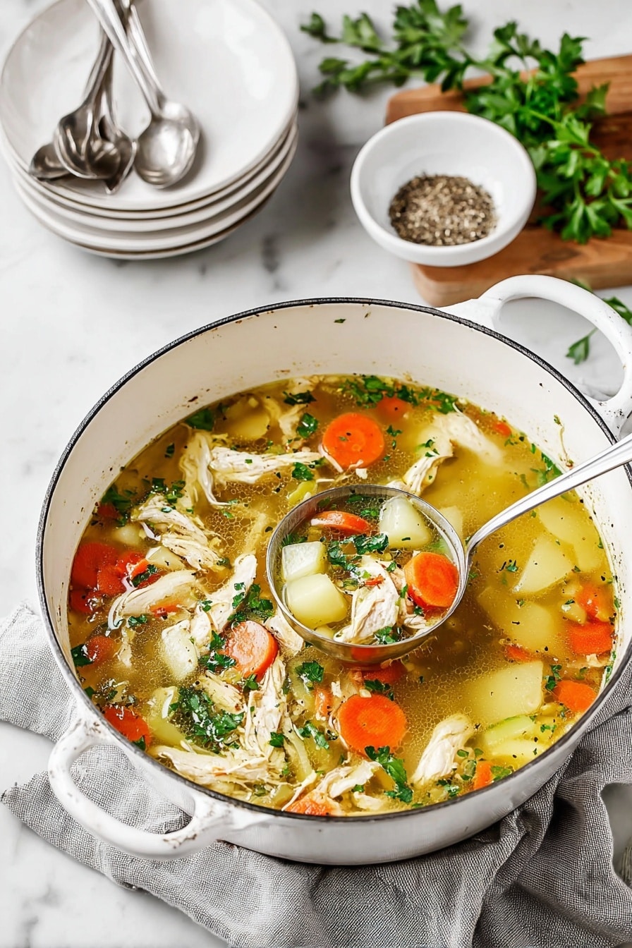 A big white pot filled with light brown clear broth with many ingredients floating in it, including shredded white chicken pieces, round orange carrot slices, small white potato chunks, and small green celery pieces. Fresh green parsley leaves are sprinkled on top, and some black pepper is visible in the broth. A silver ladle is resting inside the pot, partly submerged in the soup, revealing a close-up of the vegetable and chicken mix. The pot sits on a grey cloth on a white marbled surface with a small white bowl of black pepper in the upper left corner. Photo taken with an iphone --ar 2:3 --v 7 - Ultimate Chicken Soup, Chicken Soup Recipe, Cozy Chicken Soup, Hearty Chicken Soup, Homemade Chicken Soup