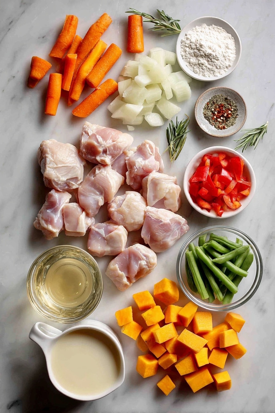 Flat lay of about eight diced boneless skinless chicken thighs, two diced carrots, one small chopped onion, two diced celery ribs, a small mound of all-purpose flour, a few sprigs of dried rosemary and thyme leaves alongside a pinch of ground sage, a handful of diced potatoes and sweet potatoes, half a finely diced red bell pepper, a small glass of white wine, a bowl of chicken broth, a cup of cut green beans, and a small cup of heavy cream placed on a white marble surface, photo taken with an iphone --ar 2:3 --v 7 - Hearty Chicken and Vegetable Stew, Comforting chicken vegetable stew, Easy chicken stew recipe, Hearty winter stews, Healthy chicken vegetable dinner