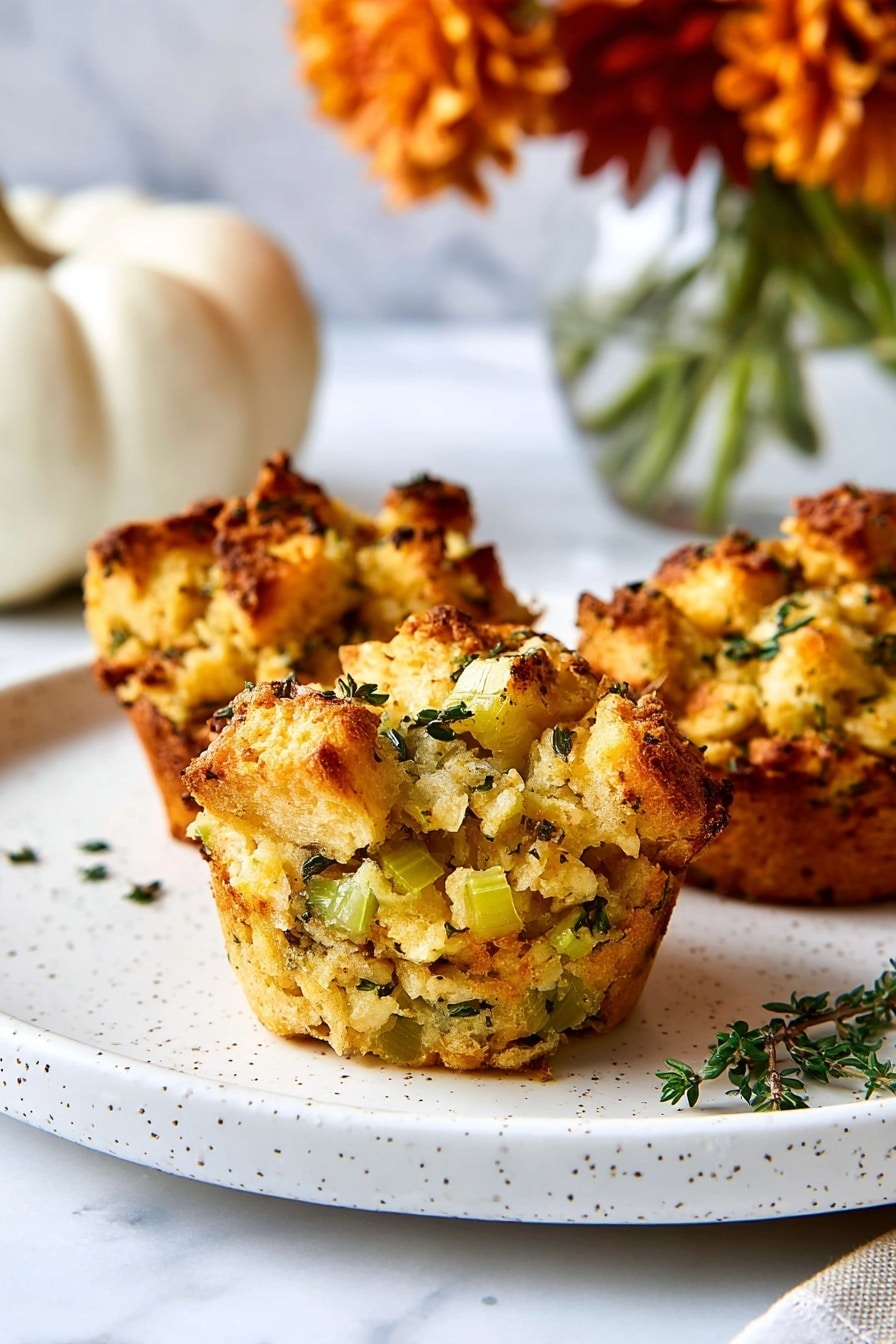 The image shows three savory bread muffins placed on a white plate with small speckles. Each muffin is layered with golden-brown toasted bread cubes mixed with green celery pieces and herbs, making a textured and crispy top layer, while the inside appears soft and slightly crumbly with visible bits of herb leaves throughout. In the background, there is a blurry white pumpkin and orange flowers in a clear vase sitting on a white marbled surface. The lighting is soft, highlighting the warm colors of the muffins and the autumn-themed setting. photo taken with an iphone --ar 2:3 --v 7 - Crispy-Edged Stuffing Muffins, stuffing muffins, Thanksgiving side dishes, individual stuffing portions, crispy stuffing edges