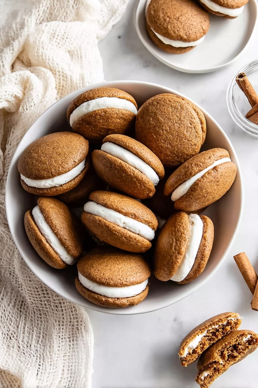 A white bowl filled with many sandwich cookies, each made of two round, soft brown layers with a smooth white cream filling in the middle. The cookies look soft and slightly bumpy on the surface. Nearby, on a white marbled surface, there is a white plate with three more cookies, one of which shows the inside with the cream and brown layers visible. In the corner, you see a white and beige cloth and a small glass with cinnamon sticks. The overall scene is light and cozy, with warm tones. photo taken with an iphone --ar 2:3 --v 7 - Easy Pumpkin Whoopie Pies, Pumpkin Whoopie Pies, Fall Dessert Recipes, Pumpkin Spice Cookies, Homemade Pumpkin Sandwiches