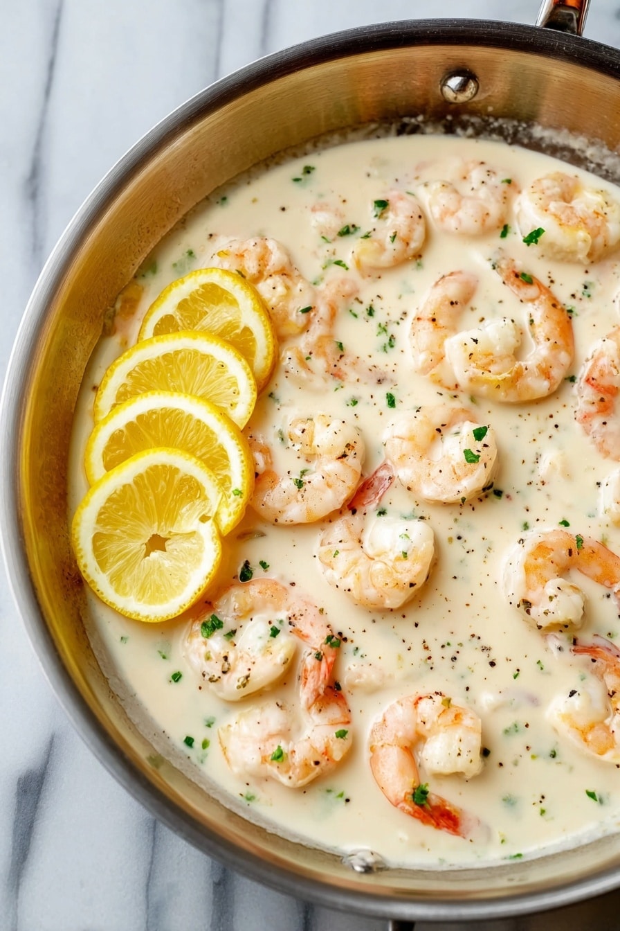 A white plate with brown speckles holds a dish with three layers. The bottom layer is creamy mashed potatoes with a soft texture in a light off-white color. On top of the potatoes is a thick, white sauce with herbs and visible black pepper flakes spread over, adding a smooth but slightly textured look. The top layer consists of five pinkish-orange cooked shrimp arranged in a small pile, their curled tails visible and some with light green herbs on them. A bright lemon wedge is placed on the left side of the potatoes, adding a pop of yellow color. The plate is set on a white marbled surface. photo taken with an iphone --ar 2:3 --v 7 - Creamy Lemon Garlic Parmesan Shrimp, shrimp recipes, easy seafood dinner, quick dinner ideas, healthy shrimp dishes