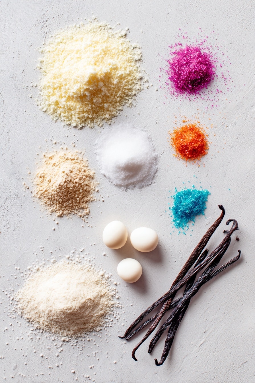 Flat lay of smooth egg whites in a small mound, delicate almond flour dusted lightly, a heap of fine superfine sugar sparkling softly, silky confectioners’ sugar piled gently, tiny drops of colorful gel food coloring in vibrant hues, a small pile of cream of tartar powder, and a few vanilla pods arranged elegantly, all placed on a white marble surface, photo taken with an iphone --ar 2:3 --v 7 - French Macarons Recipe, how to make French macarons, homemade French macarons, perfect French macarons, French macaron filling ideas