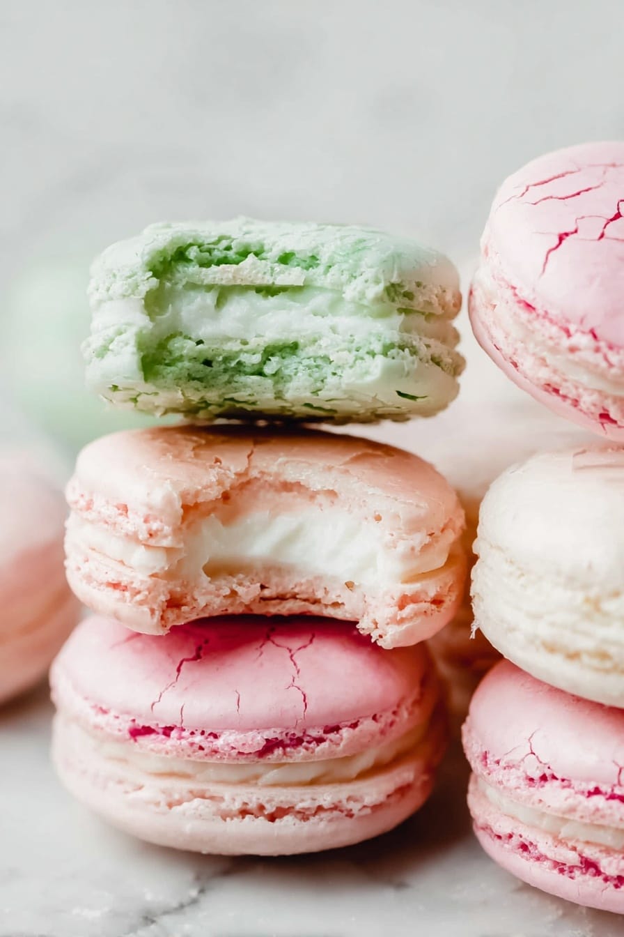The image shows a close-up of several macarons stacked together on a white marbled surface. Two macarons in the front each have a bite taken out of them, revealing creamy white filling inside. The top bitten macaron is light green with a cracked, slightly rough texture on the shell, while the one below it is a soft pink with a similar cracked texture. To the right, there is a small stack of unbitten macarons in shades of pink, showing smooth shells and creamy white filling between two layers. The soft light highlights the delicate texture and pale colors of the macarons. photo taken with an iphone --ar 2:3 --v 7 - French Macarons Recipe, how to make French macarons, homemade French macarons, perfect French macarons, French macaron filling ideas
