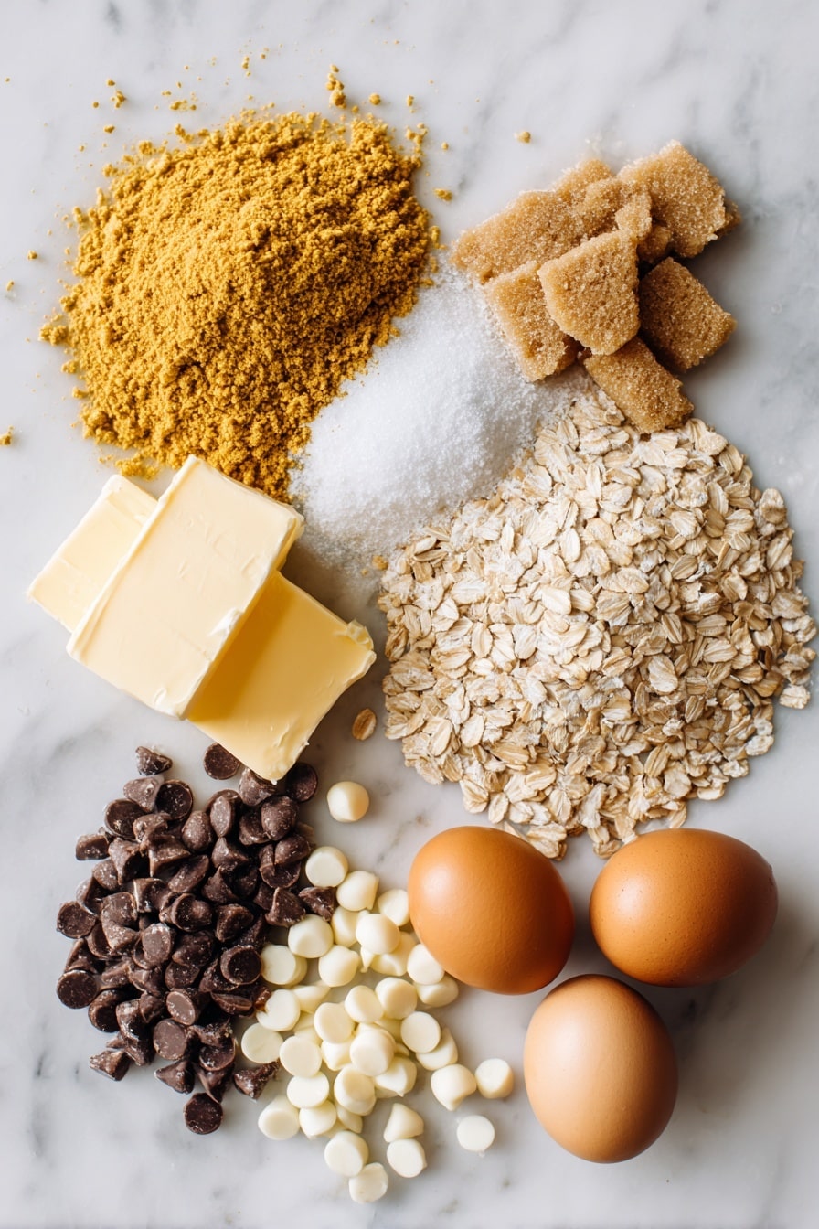 Flat lay of golden unsalted butter, light brown sugar packed in a small heap, bright butterscotch pudding mix packet opened with powder spilling slightly, quick oats scattered artfully, plump butterscotch chips, rich semi-sweet chocolate chips, creamy white chocolate chips, and smooth vanilla beans, all beautifully arranged with a few fresh eggs nearby, placed on a white marble surface, photo taken with an iphone --ar 2:3 --v 7 - Butterscotch Pudding Cookies with Chocolate and White Chocolate Chips, best butterscotch pudding cookies, chewy chocolate chip cookies, soft cookie recipes, layered cookie dessert