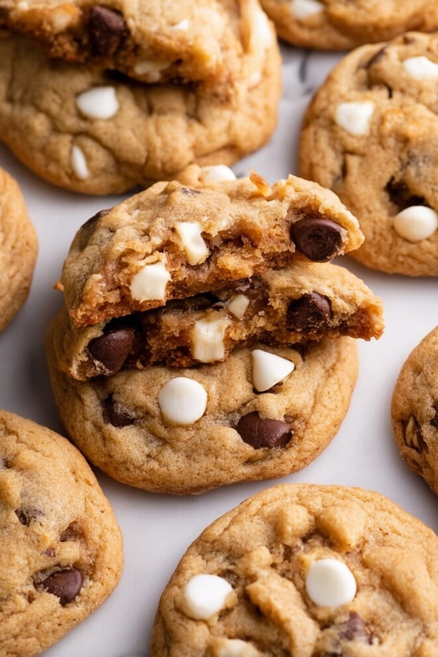 The image shows several soft cookies stacked on a white marbled surface. One cookie is split in half and placed on top of another cookie in the center, showing a soft and chewy inside with visible white, dark brown, and light brown chips mixed throughout the golden-brown dough. The whole cookies surrounding it are round, slightly bumpy, and dotted with dark brown, white, and light brown chips scattered across their tops. The overall look is warm and inviting with a variety of chip colors adding contrast to the golden cookie dough. Photo taken with an iphone --ar 2:3 --v 7 - Butterscotch Pudding Cookies with Chocolate and White Chocolate Chips, best butterscotch pudding cookies, chewy chocolate chip cookies, soft cookie recipes, layered cookie dessert