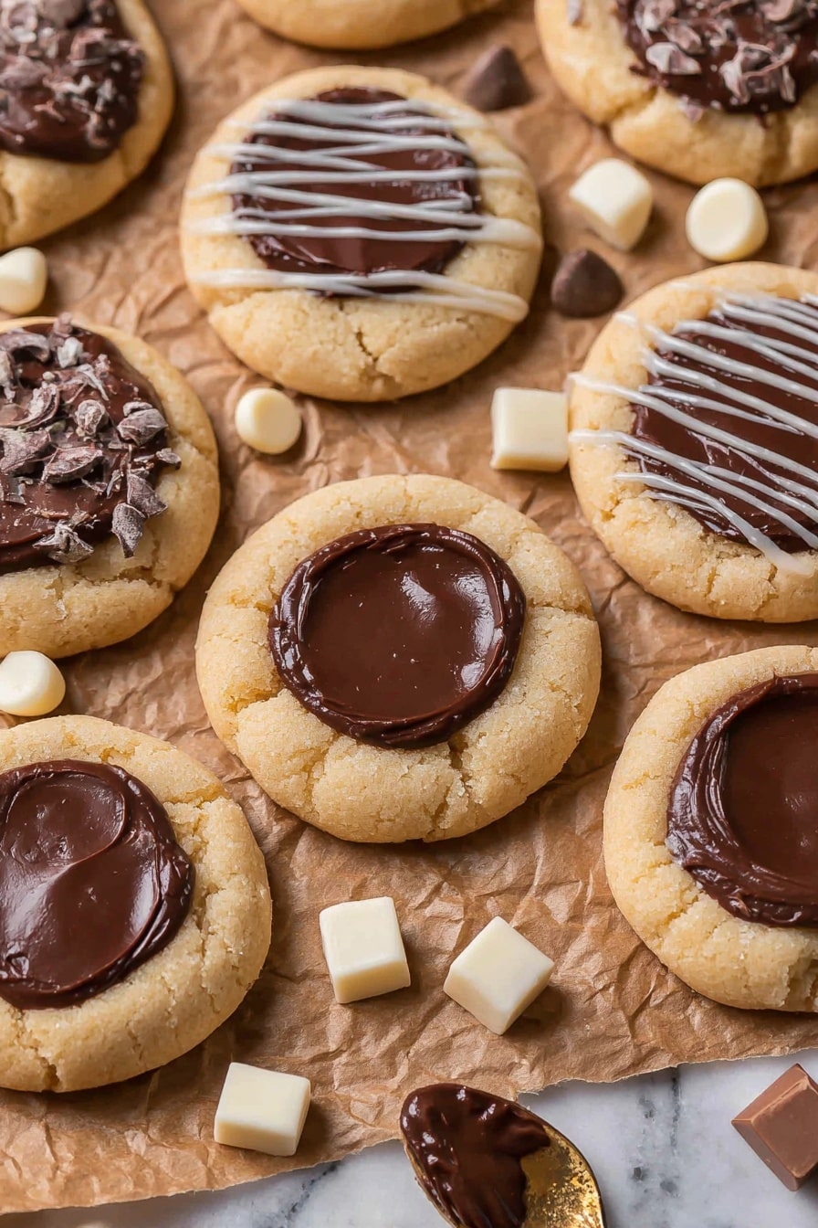The image shows a group of round cookies on crinkled brown parchment paper placed on a white marbled surface. The cookies have a pale, light golden dough base about one layer thick, with a smooth, dark brown chocolate circle spread in the center of each cookie. Some cookies are decorated with thin zigzag lines of white and dark chocolate drizzled on top in a second layer. Scattered around the cookies are small white chocolate drops and square dark chocolate pieces. A small part of a gold spoon with some chocolate on it is visible in the bottom right corner. Photo taken with an iphone --ar 2:3 --v 7 - Nutella Thumbprint Cookies, chocolate hazelnut cookies, easy cookie recipes, soft chewy cookies, homemade thumbprint cookies