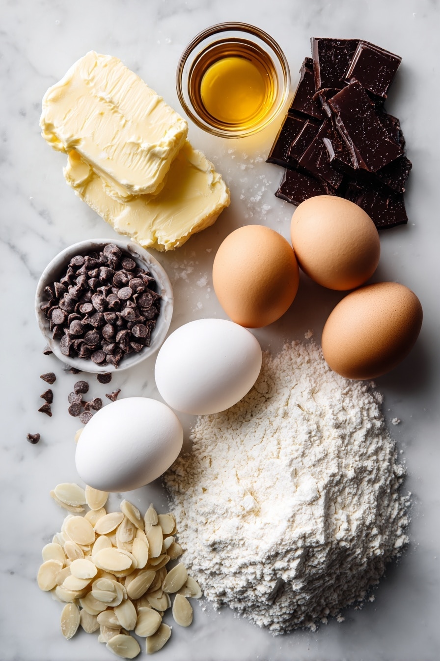 Flat lay of soft unsalted butter, granulated sugar sparkling in a small pile, three large fresh eggs with smooth shells, a small glass of golden vanilla extract, heaps of all-purpose flour dusted lightly, a scattering of slivered almonds with a rich texture, mini chocolate chips glistening dark, and glossy dark chocolate melting wafers, all beautifully arranged and contrasting on a white marble surface, photo taken with an iphone --ar 2:3 --v 7 - Chocolate Chip Almond Biscotti, Biscotti recipe with chocolate and almonds, Crunchy almond biscotti, Homemade biscotti with chocolate chips, Easy biscotti for coffee dunking