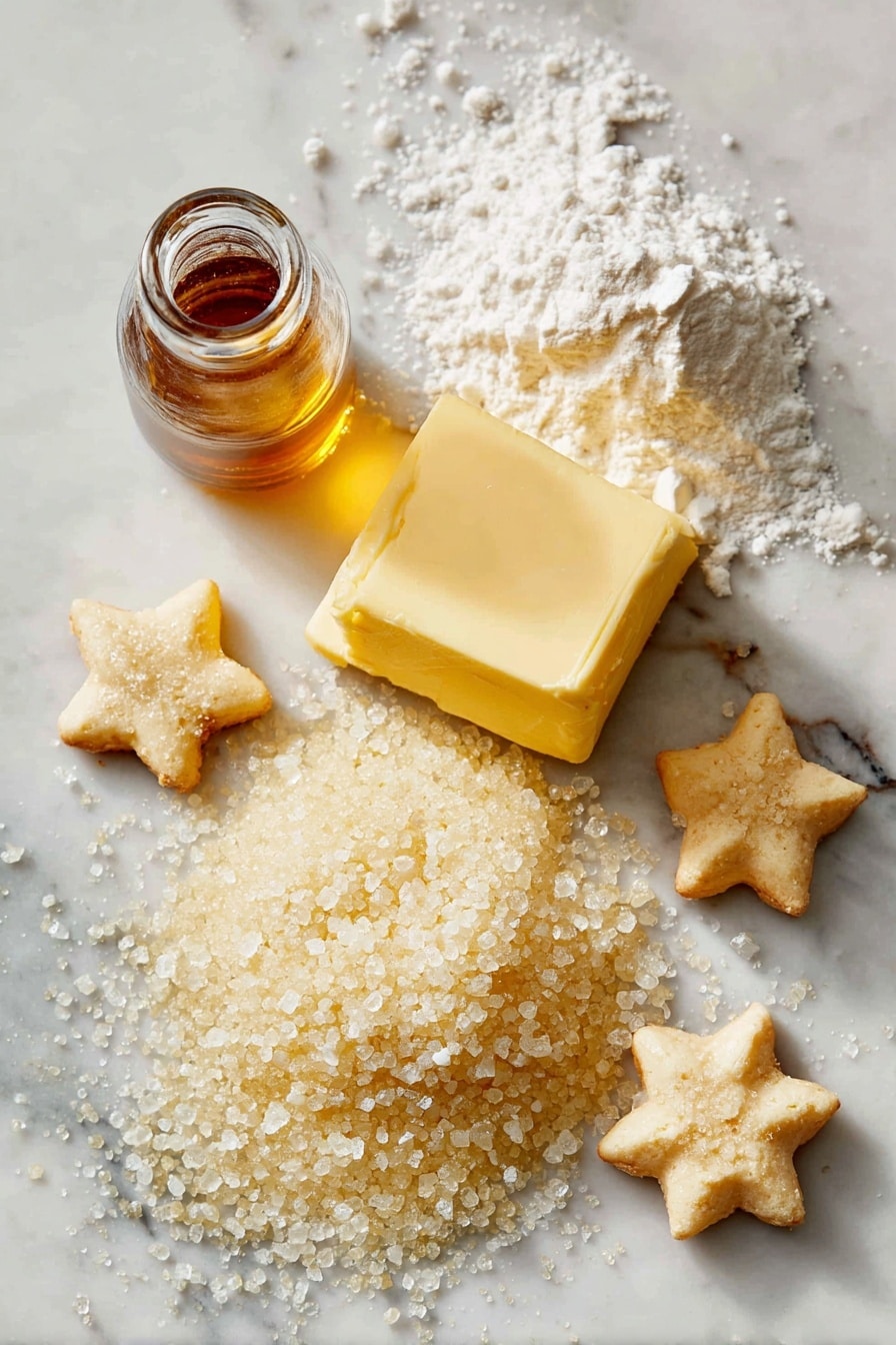 Flat lay of soft butter at room temperature, a small heap of powdered sugar, a tiny glass bottle of vanilla extract, fine cake flour scattered lightly, a few delicate star-shaped piped butter cookies, and a sprinkle of granulated sugar crystals beautifully arranged in a natural, inviting way, placed on a white marble surface, photo taken with an iphone --ar 2:3 --v 7 - Danish Butter Cookies, easy Danish cookies, classic Danish cookies recipe, melt-in-your-mouth butter cookies, Danish cookie baking