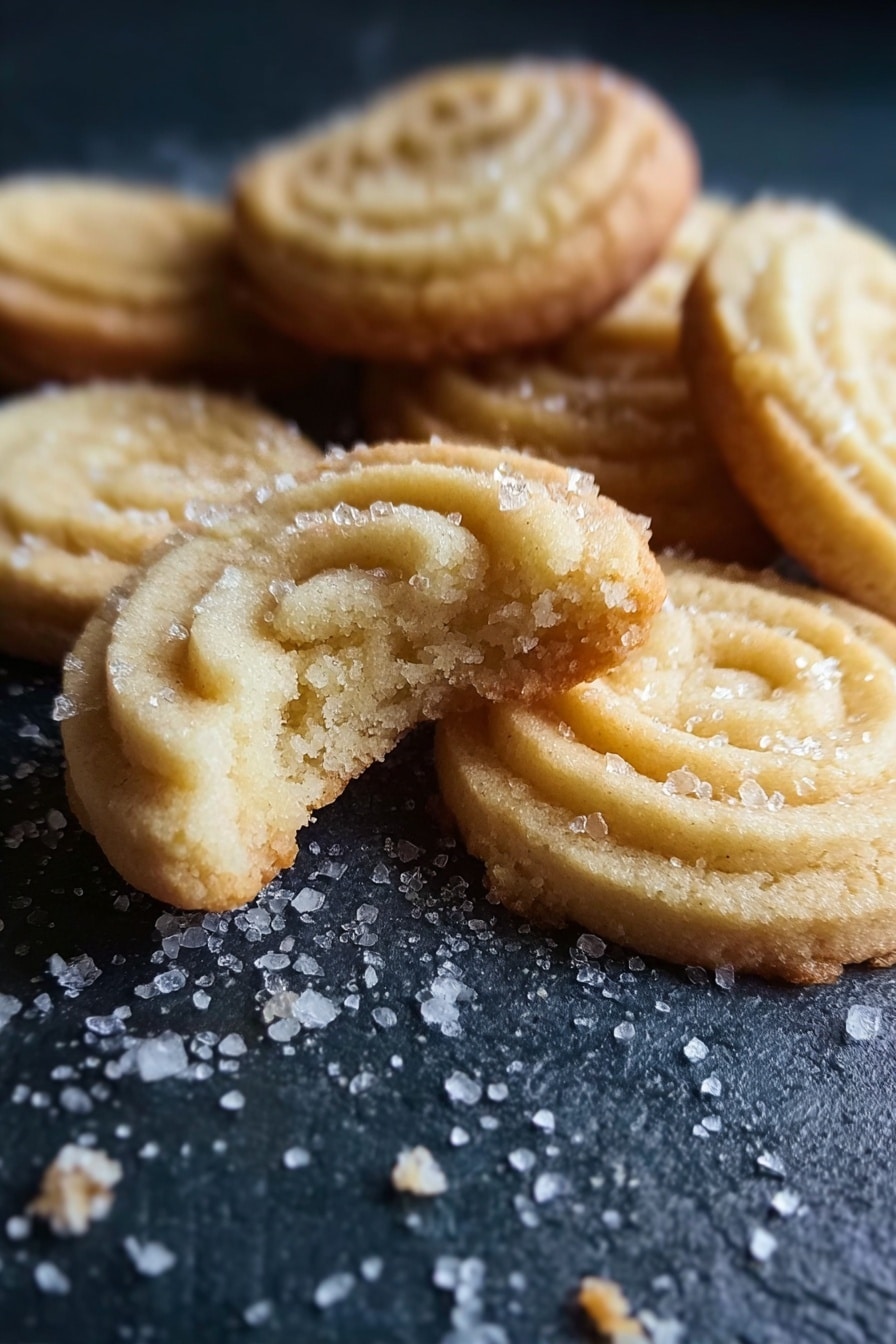 The image shows a close-up of several light golden brown, round cookies with a spiral pattern and a slightly rough texture on a dark surface sprinkled with large sugar crystals. One cookie in the front is broken in half, revealing a soft and crumbly inside with a pale beige color. The cookies have a slightly crisp edge and a soft center, with visible sugar crystals on top adding sparkle. In the background, a white marbled surface is visible. photo taken with an iphone --ar 2:3 --v 7 - Danish Butter Cookies, easy Danish cookies, classic Danish cookies recipe, melt-in-your-mouth butter cookies, Danish cookie baking