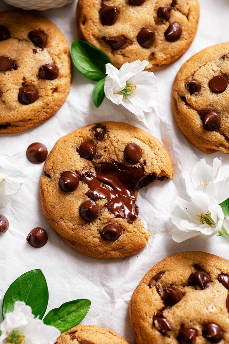 The image shows a group of golden brown chocolate chip cookies with a soft texture, arranged on a white marbled surface covered with pale white parchment paper. Each cookie is dotted with dark, glossy chocolate chips that create contrast against the warm cookie dough. One cookie is broken, revealing a melted chocolate center with a smooth, shiny texture. Around the cookies, there are several white flowers with green leaves, adding freshness and color to the scene. The photo taken with an iphone --ar 2:3 --v 7 - Nutella Stuffed Cookies, Nutella Cookies, Chocolate Hazelnut Cookies, Soft Chewy Cookies, Easy Nutella Dessert