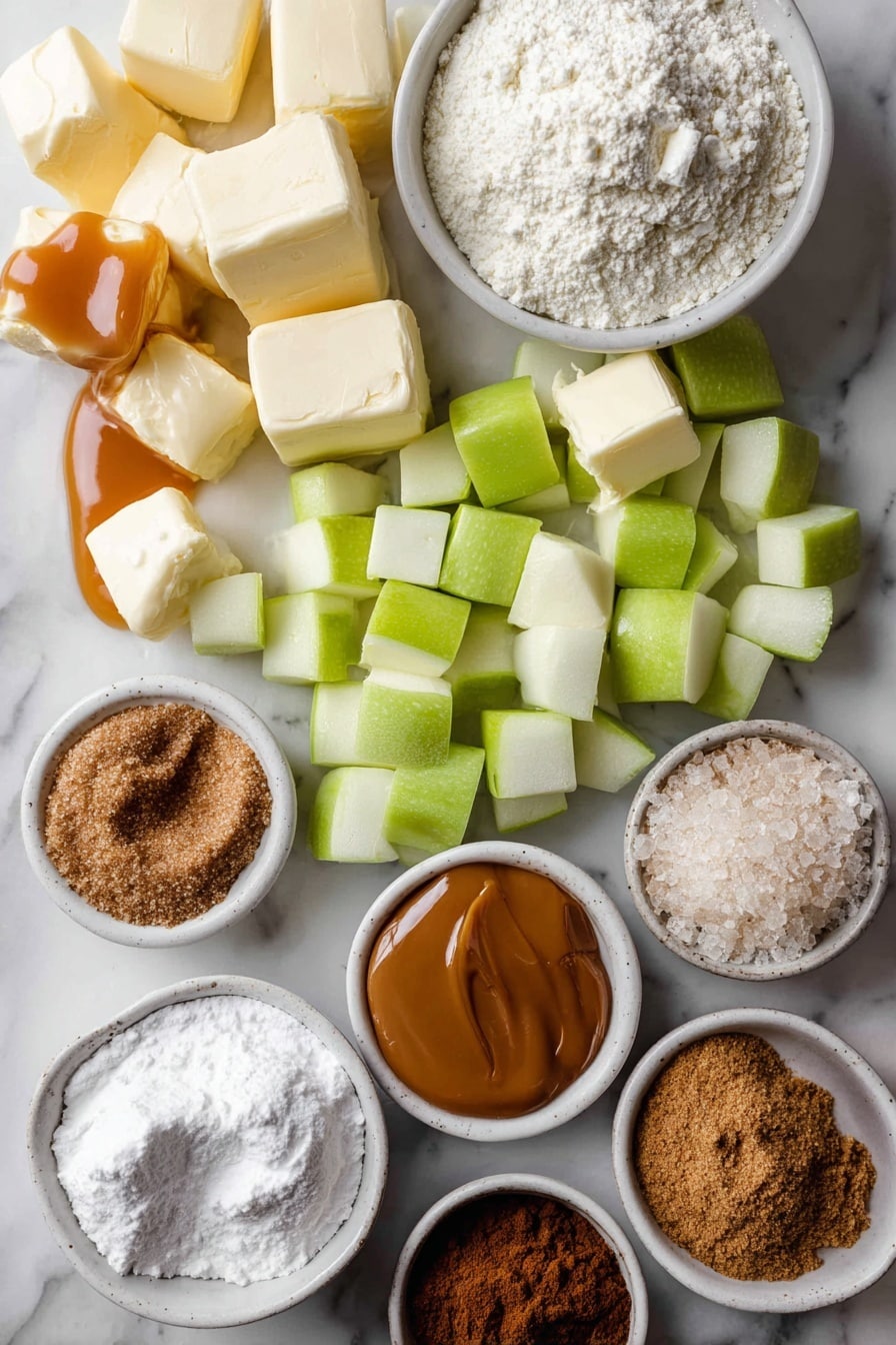 Flat lay of soft cubes of cold butter, scoops of creamy softened butter and cream cheese, glistening caramel sauce drizzled artistically, bright green apple cubes, small piles of granulated sugar and dark brown sugar, dustings of cinnamon and nutmeg powder, scattered all-purpose flour, and a rich scoop of powdered sugar, all beautifully arranged on a white marble surface, photo taken with an iphone --ar 2:3 --v 7 - Caramel Apple Cookies, Crumbl Copycat Cookies, Apple Cinnamon Cookies, Easy Caramel Cookies, Fall Dessert Recipes