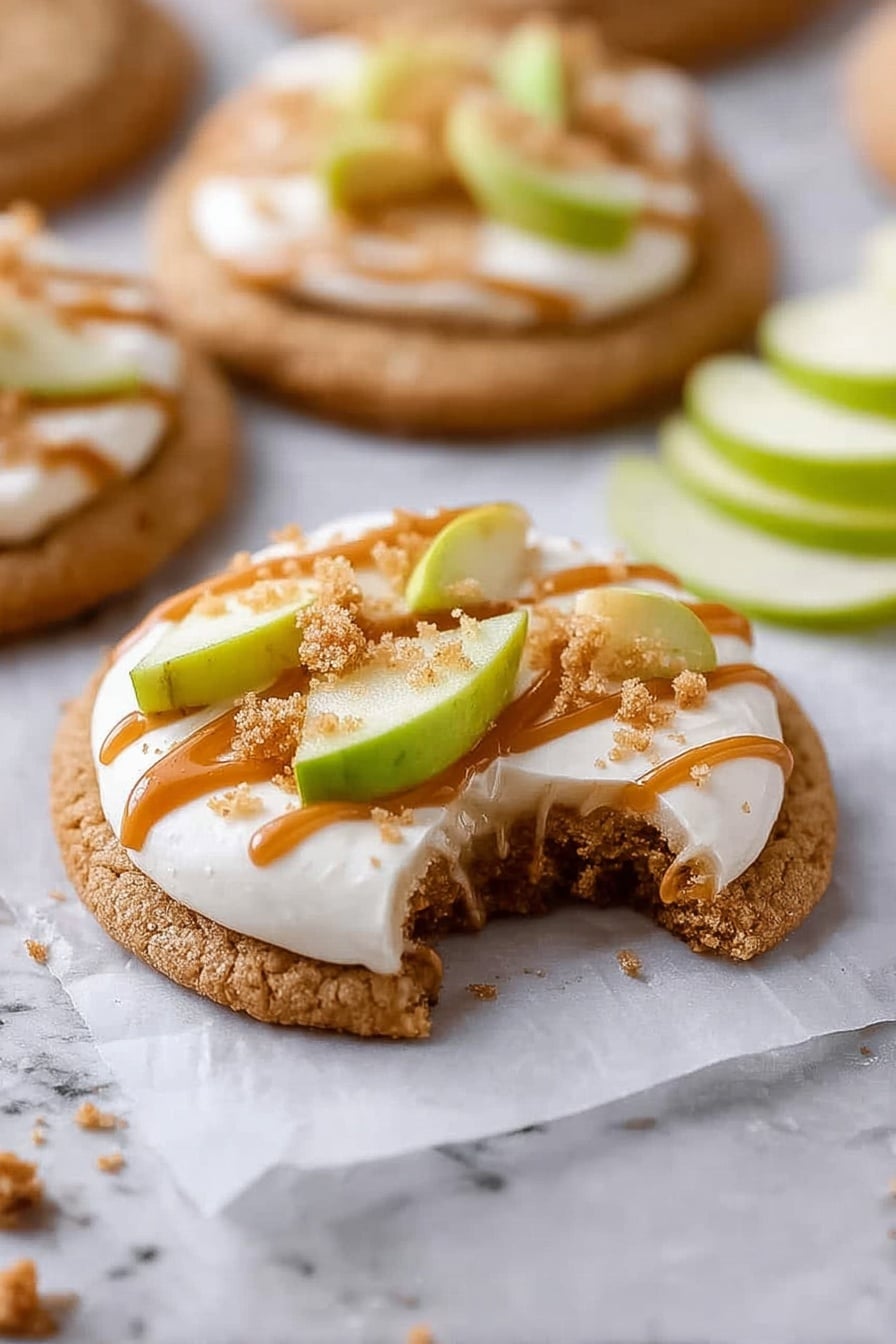 A single round cookie with a light brown color forming the base layer has a bite taken out of its side, showing a soft texture inside. On top of the cookie is a thick layer of smooth white cream, spread evenly. Scattered on the cream are small, light brown crumbly bits that add texture. Small green apple pieces with a shiny surface sit on the crumbs. Drizzled over everything is a caramel-colored sauce in thin lines across the top. The cookie rests on a piece of white parchment paper on a white marbled surface, with blurred cookies and green apple slices in the background. Photo taken with an iphone --ar 2:3 --v 7 - Caramel Apple Cookies, Crumbl Copycat Cookies, Apple Cinnamon Cookies, Easy Caramel Cookies, Fall Dessert Recipes