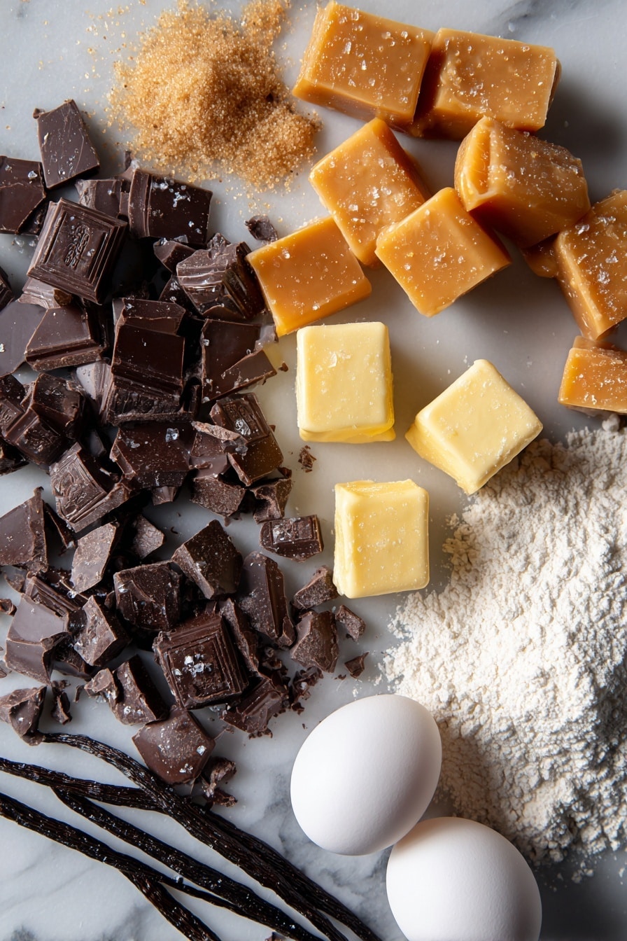 Flat lay of coarsely chopped dark chocolate chunks, golden hard caramel pieces shimmering with a glossy finish, light brown sugar crystals in a small pile, creamy unsalted butter cubes, whole vanilla beans split open showing tiny seeds, glossy large eggs with smooth shells, scattered sea salt flakes catching the light, and a heap of soft all-purpose flour, all beautifully arranged with balanced spacing and natural light highlights, placed on a white marble surface, photo taken with an iphone --ar 2:3 --v 7 - Chewy Salted Caramel Chocolate Chip Cookies, Salted Caramel Cookies, Chocolate Chip Cookies, Best Cookie Recipes, Easy Homemade Cookies