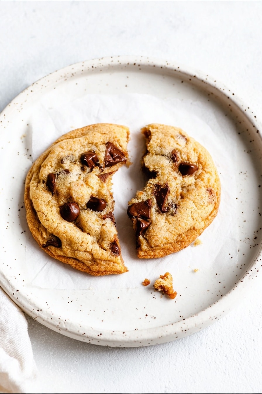 A round cookie with a light golden-brown color is placed on a square white paper on a white plate with a speckled rim. The cookie is broken into two uneven halves, showing a soft and slightly chewy texture with melting dark chocolate chips inside. The background is a white marbled texture, and part of a white cloth is visible on the side. photo taken with an iphone --ar 2:3 --v 7 - Chewy Salted Caramel Chocolate Chip Cookies, Salted Caramel Cookies, Chocolate Chip Cookies, Best Cookie Recipes, Easy Homemade Cookies