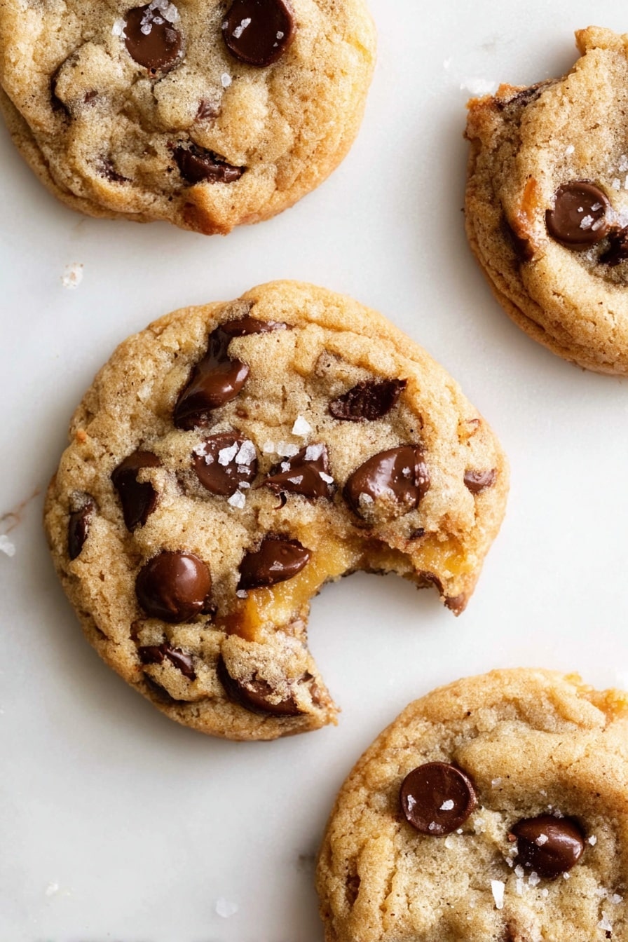 The image shows four soft chocolate chip cookies placed directly on a white marbled surface. One cookie in the center has a bite taken out of it, revealing a slightly chewy, light brown inside with melted chocolate chips. The cookies have a rough, uneven texture typical of homemade treats with golden-brown edges and darker chocolate chips scattered on top. Small grains of sea salt are sprinkled on one of the cookies, adding a subtle contrast to the smooth chocolate and crumbly dough. photo taken with an iphone --ar 2:3 --v 7 - Chewy Salted Caramel Chocolate Chip Cookies, Salted Caramel Cookies, Chocolate Chip Cookies, Best Cookie Recipes, Easy Homemade Cookies