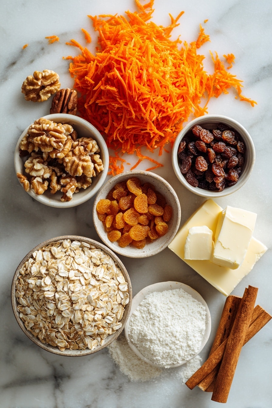 Flat lay of bright orange shredded carrots, plump golden raisins, chopped walnut halves, rustic old-fashioned oats, a mound of light brown sugar, smooth cream cheese, sticks of unsalted butter, and a small pile of warm brown cinnamon and nutmeg spices, all beautifully arranged with soft natural light and gentle shadows, placed on a white marble surface, photo taken with an iphone --ar 2:3 --v 7 - Carrot Cake Cookies, Carrot Cake Cookies Recipe, Easy Carrot Cake Cookies, Best Carrot Cake Cookies, Chewy Carrot Cake Cookies