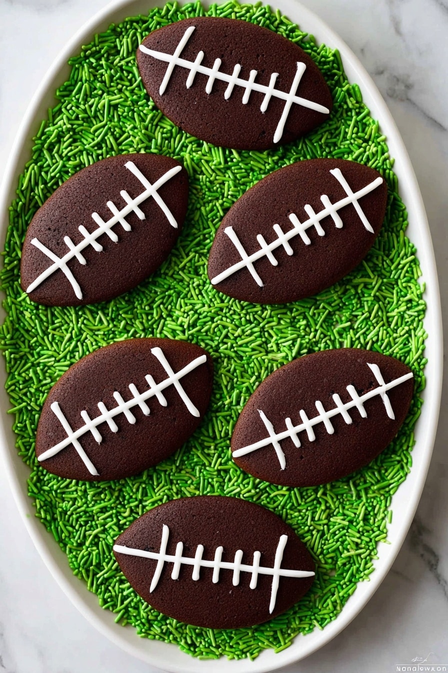 The image shows a white oval plate filled with bright green sprinkles as the base layer, creating a textured and vibrant background. On top of the sprinkles, there are six football-shaped chocolate cookies arranged evenly across the plate. Each cookie is dark brown with a smooth surface and decorated with white icing lines that mimic the stitching of a football, including three vertical laces in the center and curved side lines. The overall look is playful and festive, with clear contrast between the dark cookies and the bright green sprinkles, set against a white marbled surface. Photo taken with an iphone --ar 2:3 --v 7 - Chocolate Football Cookies with Icings, football-shaped cookies, chocolate dessert recipes, game day treat ideas, easy holiday cookie recipes