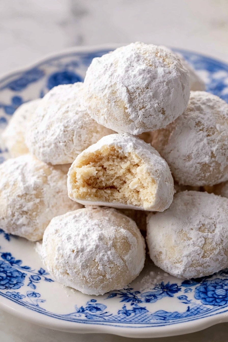 A pile of round cookies covered in white powdered sugar sits on a white plate with blue floral patterns. The cookies have a soft, slightly crumbly texture visible through one cookie that has a bite taken out of it, showing a pale beige inside. The powdered sugar coats each cookie evenly, creating a soft, snowy layer on top. The plate is placed on a white marbled surface. photo taken with an iphone --ar 2:3 --v 7 - Mexican Wedding Cookies, Polvorones, Mexican cookies, holiday cookies, buttery Mexican treats