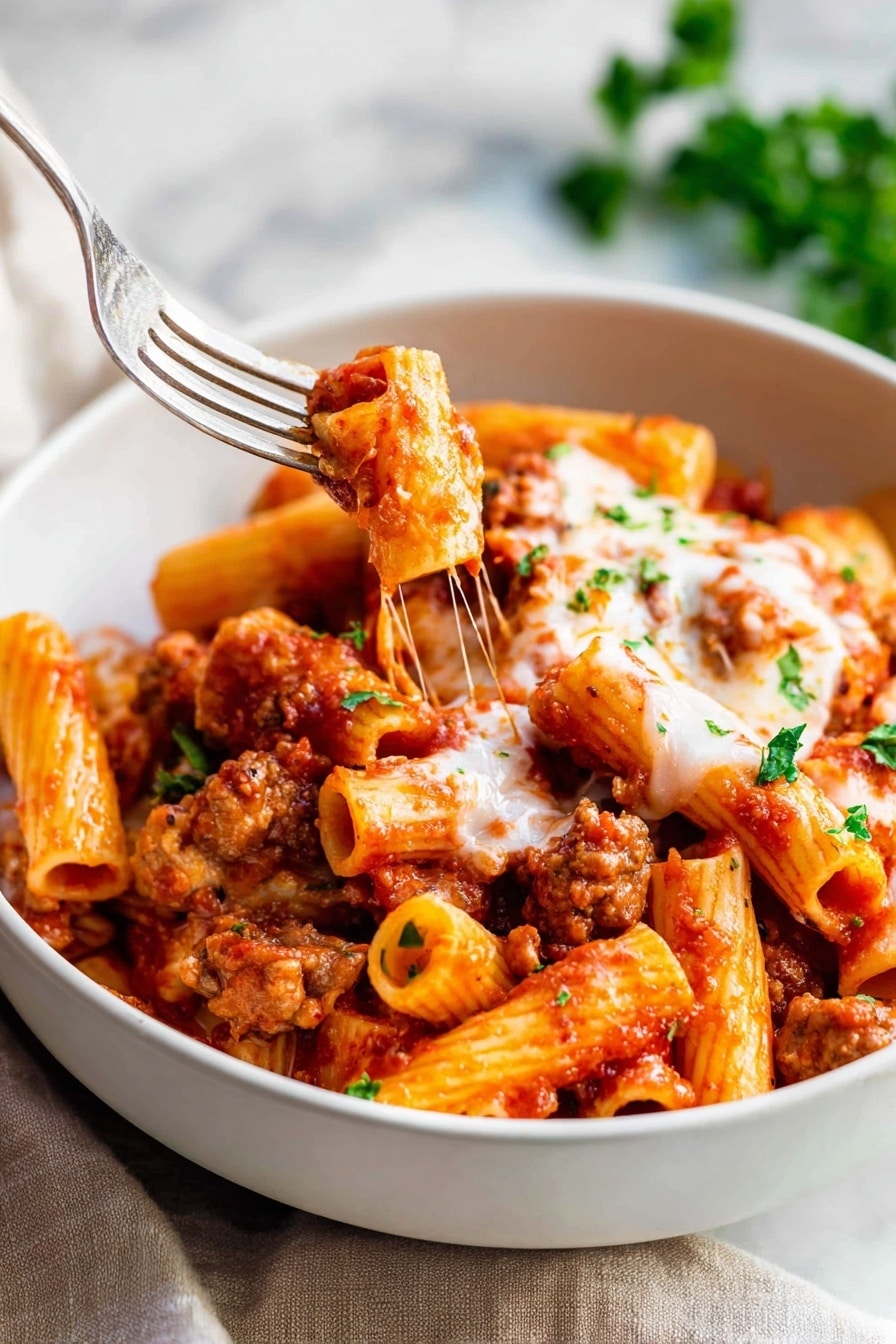 The image shows a white bowl filled with rigatoni pasta covered in a bright red tomato sauce mixed with browned sausage pieces. On top, melted white cheese is stretched over some pasta, with small green parsley leaves scattered for garnish. A silver fork is inserted into the bowl, pulling some pasta and cheese up. The bowl rests on a light beige cloth on a white marbled background, with some green parsley leaves partially visible to the side. Photo taken with an iphone --ar 2:3 --v 7 - Slow Cooker Baked Ziti, baked ziti, slow cooker pasta recipes, cheesy baked ziti, easy slow cooker dinner