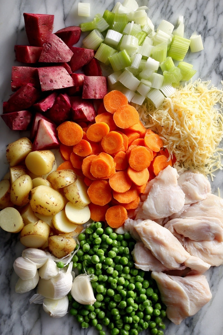 Flat lay of vibrant red potato chunks, thinly sliced bright orange carrots, crisp green celery pieces, finely chopped white onion, peeled garlic cloves, fresh green peas, tender raw chicken breasts, and a small pile of shredded pale yellow Parmesan cheese, all beautifully arranged on a white marble surface, photo taken with an iphone --ar 2:3 --v 7 - Slow Cooker Garlic Parmesan Chicken Stew, Creamy Chicken Stew with Parmesan, Easy Slow Cooker Chicken Recipes, Comfort Food Chicken Stew, Garlic Parmesan Chicken Dinner