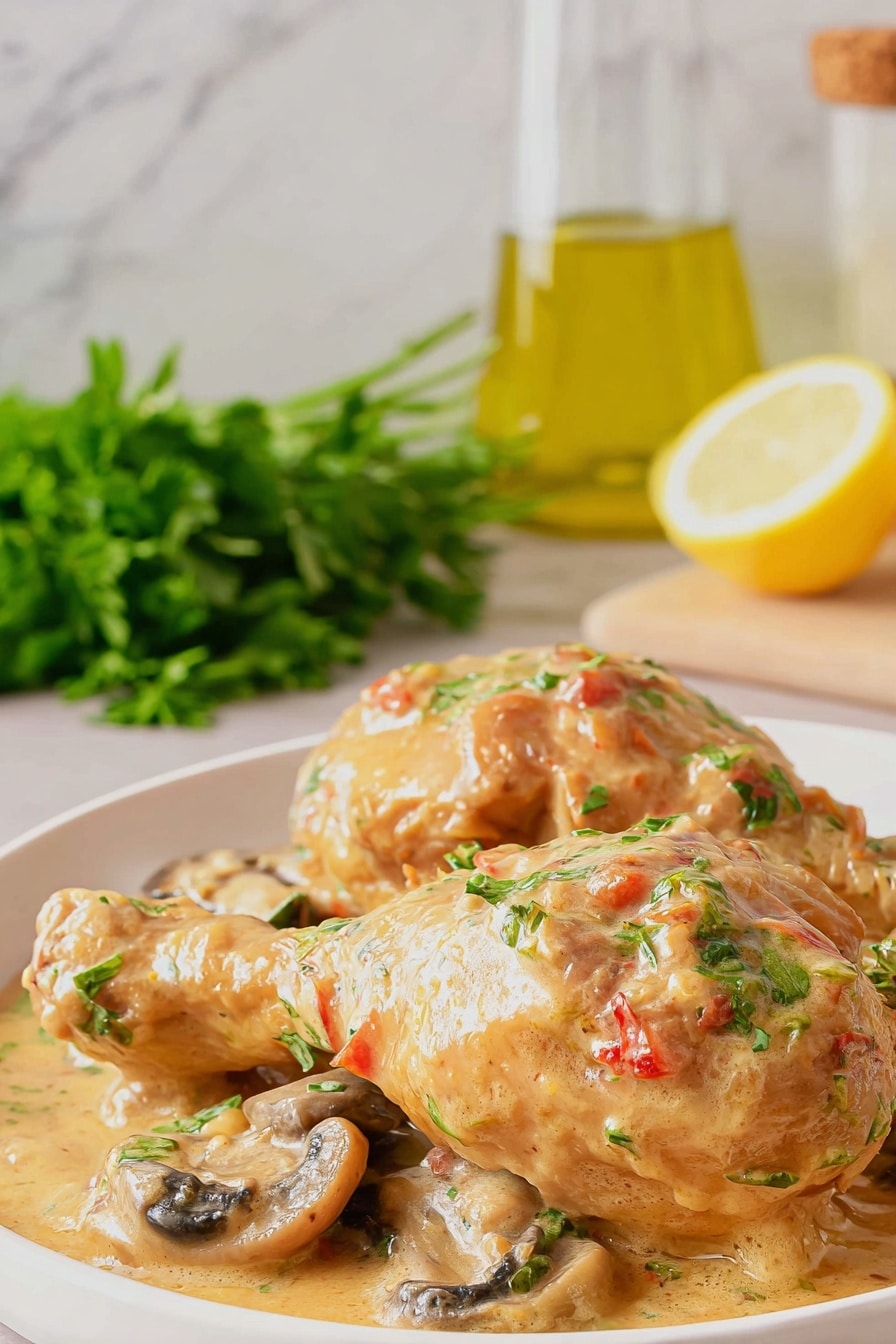 The image shows two chicken drumsticks covered in a thick, creamy light brown sauce with small pieces of red and green herbs or vegetables. The drumsticks rest on a white plate with sliced mushrooms and some green parsley for garnish. The sauce has a smooth texture and slightly glossy finish, pooling around the base of the drumsticks. Behind the plate, there is a blurred background featuring a bunch of green herbs, a glass container with yellow oil, and a lemon half, all placed on a white marbled surface. Photo taken with an iphone --ar 2:3 --v 7 - Slow Cooker Creamy Chicken and Mushrooms, slow cooker chicken recipes, creamy chicken dinner, easy slow cooker chicken meal, comfort food chicken dishes
