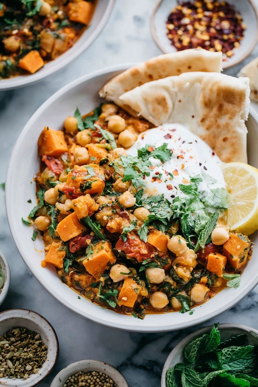 A white bowl filled with a colorful chickpea dish that has orange sweet potato chunks, green herbs like cilantro, and small pieces of tomato mixed in. A dollop of white yogurt is on one side, topped with cilantro. A lemon wedge is placed beside the yogurt, and two pieces of soft, lightly browned pita bread are tucked on the side of the bowl. The bowl sits on a surface with a white marbled texture, surrounded by small dishes holding red pepper flakes, fresh green mint leaves, and mustard seeds. Photo taken with an iphone --ar 2:3 --v 7 - Indian Chickpea Sweet Potato Stew, Vegan Indian Stew, Gluten-Free Chickpea Stew, Hearty Indian Vegan Recipe, Easy Indian Vegetable Stew