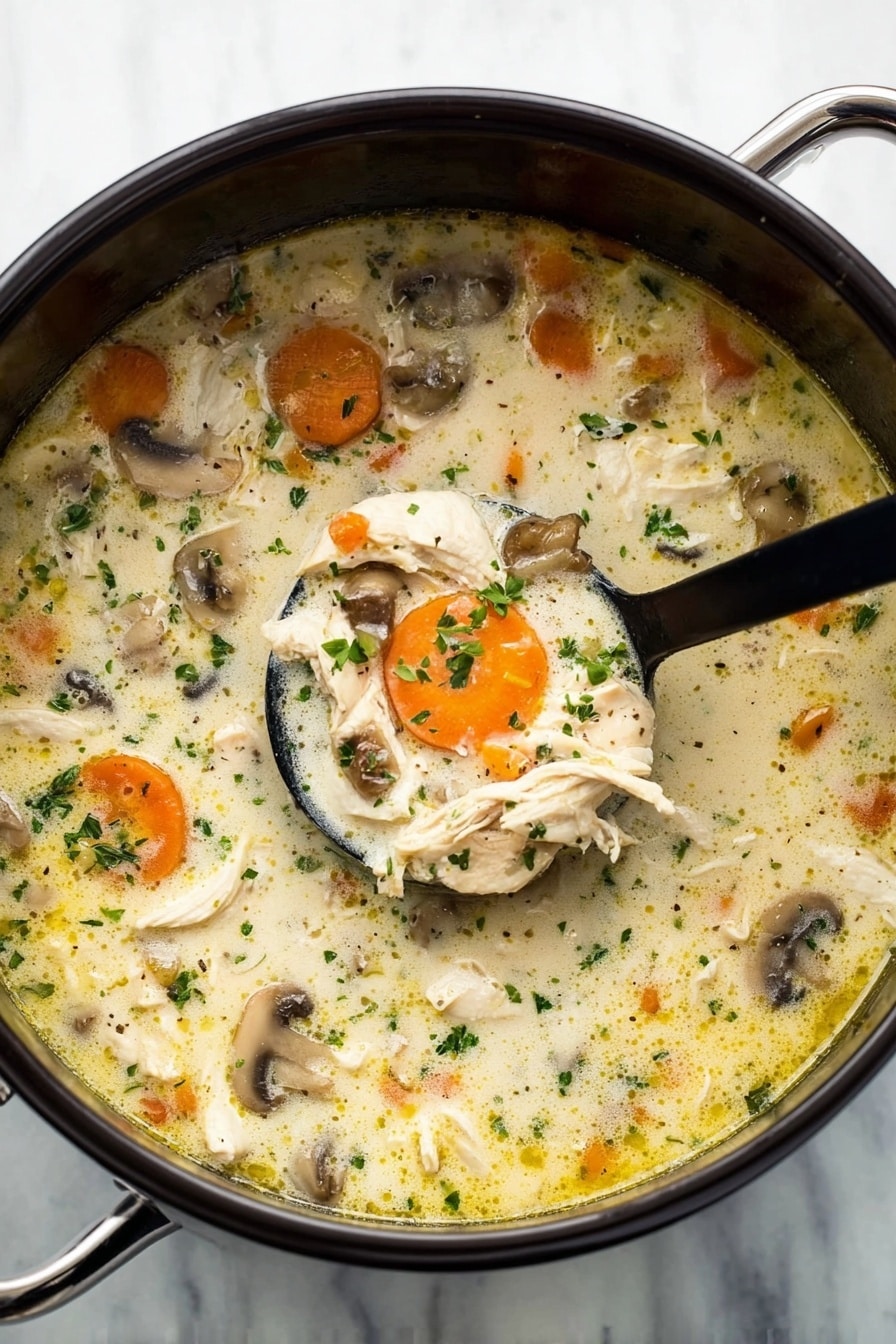 The image shows a black pot filled with creamy chicken soup made of several visible layers. The soup has white creamy broth with floating pieces of shredded white chicken, sliced orange carrots, and soft brown mushrooms scattered evenly throughout. Small bits of green herbs are sprinkled on top, adding color contrast. A black ladle dips into the soup from the upper right, scooping up a portion with a carrot slice, chicken pieces, mushroom, and broth. The pot sits on a white marbled surface. photo taken with an iphone --ar 2:3 --v 7 - Easy Chicken Stew, comforting chicken stew, hearty chicken stew, easy dinner recipes, simple chicken stew