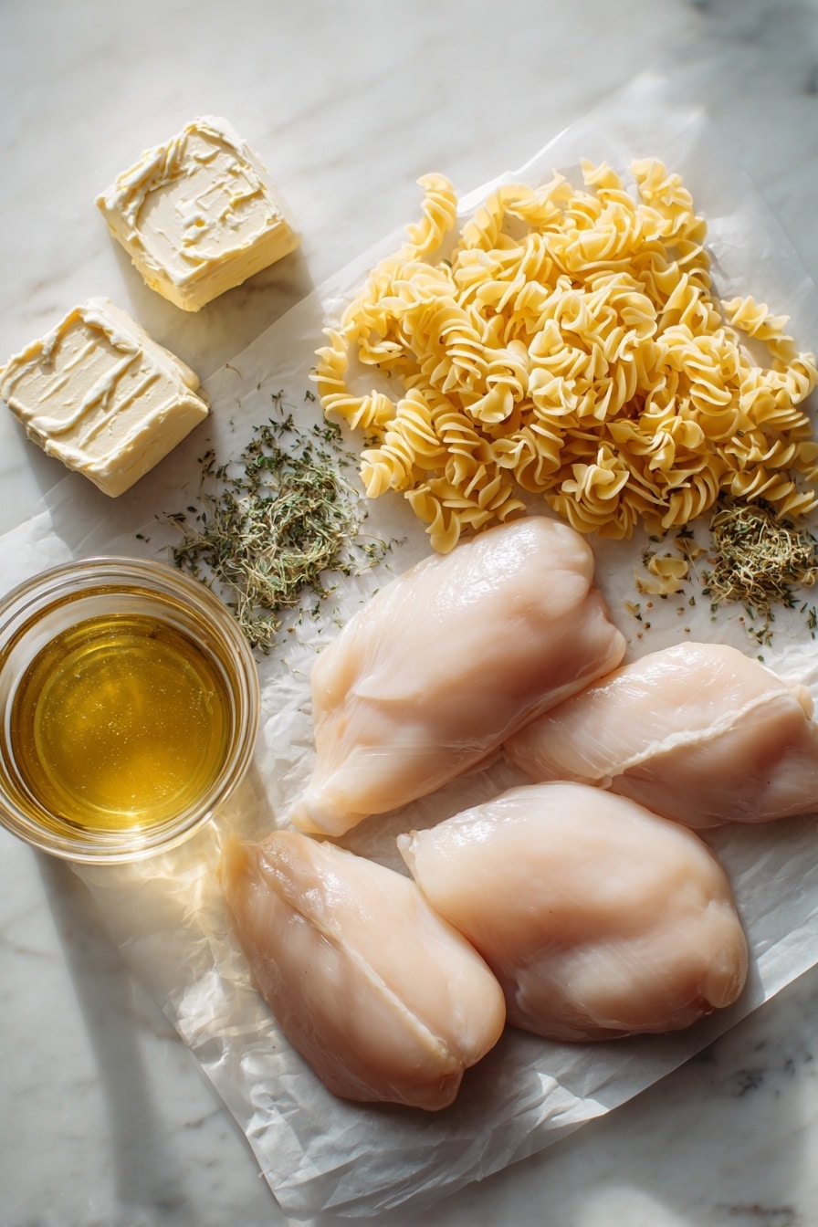 Flat lay of raw boneless, skinless chicken breasts, two unopened cans of cream of chicken soup, dried parsley sprinkled loosely, pale yellow stick of butter sliced into pats, uncooked curly egg noodles arranged in small piles, and a clear glass jar filled with golden chicken broth, all beautifully arranged with natural light highlighting their textures, placed on a white marble surface, photo taken with an iphone --ar 2:3 --v 7 - Crockpot Chicken and Noodles, easy slow cooker chicken dinner, Creamy chicken noodle casserole, make-ahead comfort food, family-friendly crockpot meal