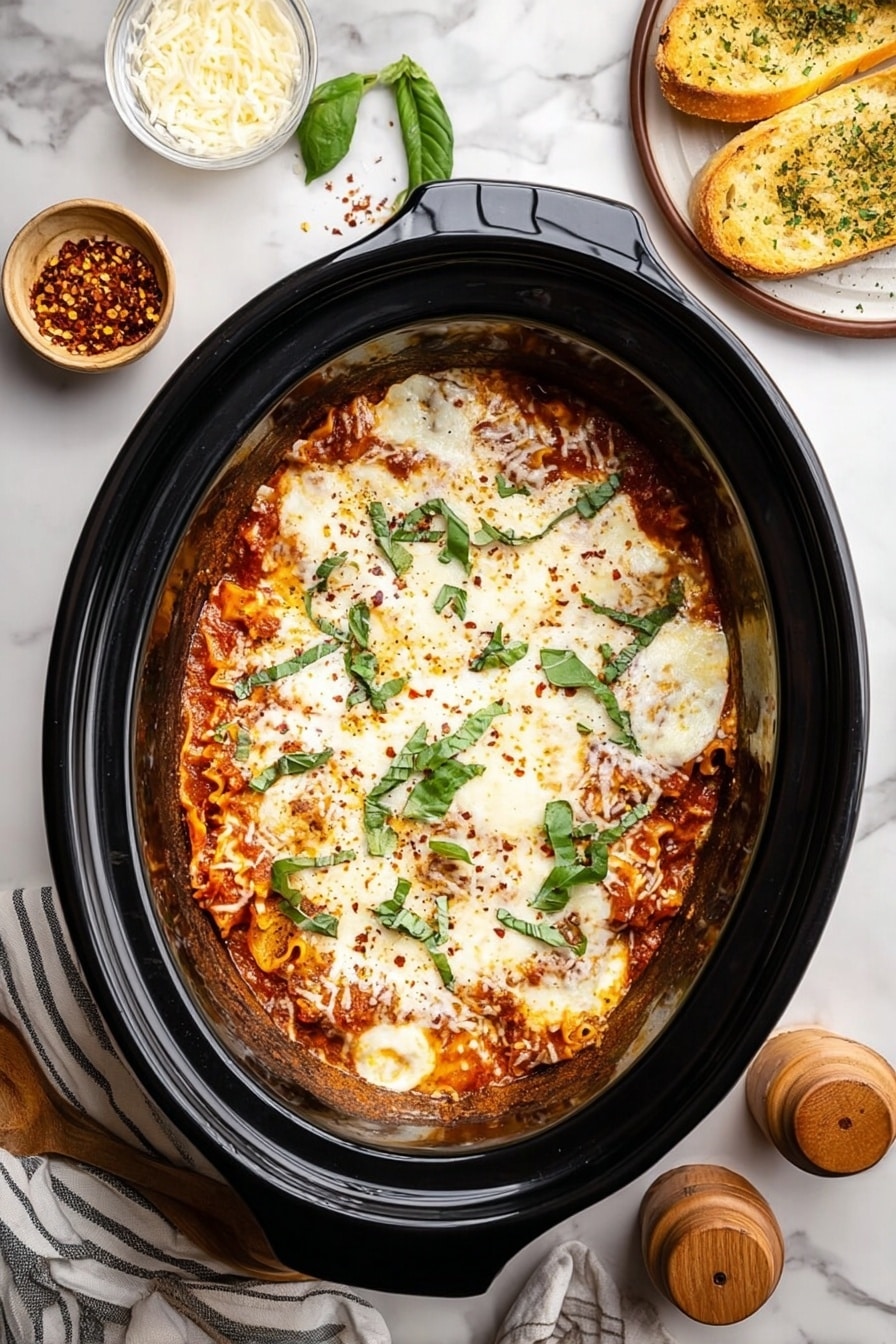 The image shows a black oval slow cooker filled with a baked lasagna. The lasagna has three visible layers: a base layer of reddish tomato sauce with visible pasta edges, a middle layer of melted white cheese with a slightly golden tint in some parts, and a top layer sprinkled with fresh green basil leaves and small bits of red pepper flakes. The edges of the lasagna are slightly browned and crispy. Around the cooker on a white marbled surface, there are small bowls of grated cheese and red pepper flakes, a clear glass of water, two wooden salt and pepper grinders, a round plate with slices of garlic bread sprinkled with herbs, and a wooden spoon resting on a striped cloth. photo taken with an iphone --ar 2:3 --v 7 - Crockpot Lasagna, easy slow cooker lasagna, hearty lasagna recipe, comfort food lasagna, no-boil lasagna in crockpot