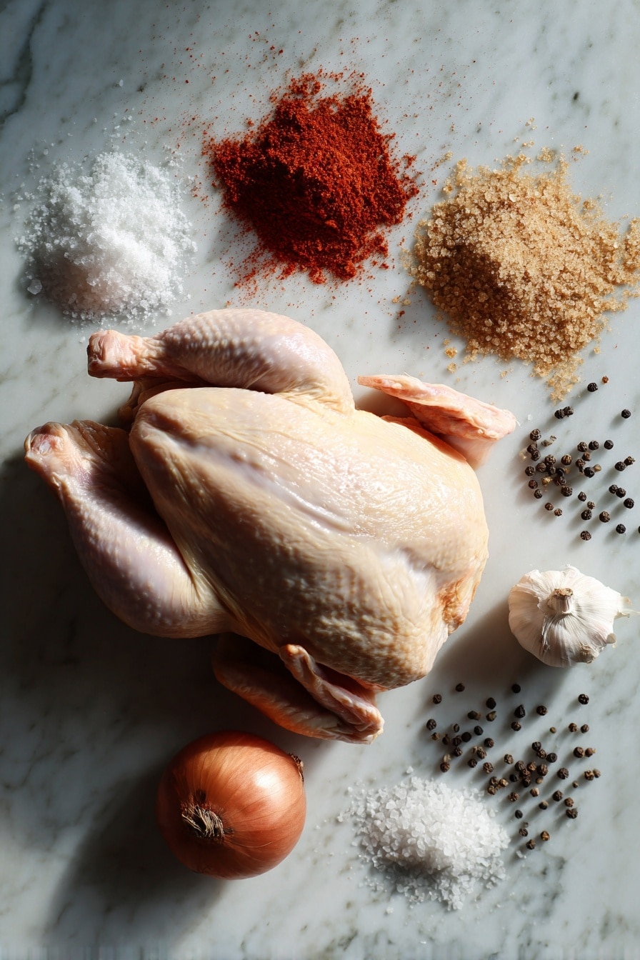 Flat lay of a whole raw chicken, brown sugar crystals, smoked paprika powder with its deep red hue, white garlic powder, onion powder, coarse salt crystals, and black peppercorns scattered artistically, all placed on a white marble surface, photo taken with an iphone --ar 2:3 --v 7 - Slow Cooker Whole Chicken with Spiced Rub and Crispy Skin, easy slow cooker chicken, flavorful whole chicken recipe, crispy skin baked chicken, comforting healthy dinner
