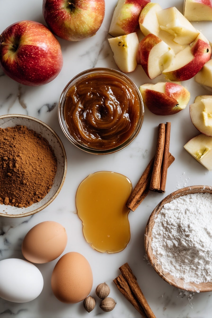 Flat lay of golden browned butter in a small pool, glossy apple butter in a jar, light and dark brown sugars heaped with cinnamon sticks resting beside, chopped Honeycrisp apples with their red and yellow skin peeking through, whole eggs with smooth shells, warm maple syrup glistening in a shallow puddle, a sprinkle of fine powdered sugar dusted delicately nearby, and a few nutmeg seeds scattered artistically, placed on a white marble surface, photo taken with an iphone --ar 2:3 --v 7 - Brown Butter Apple Blondies with Cinnamon Maple Glaze, fall dessert recipes, apple blondie recipes, cozy autumn desserts, easy apple blondies