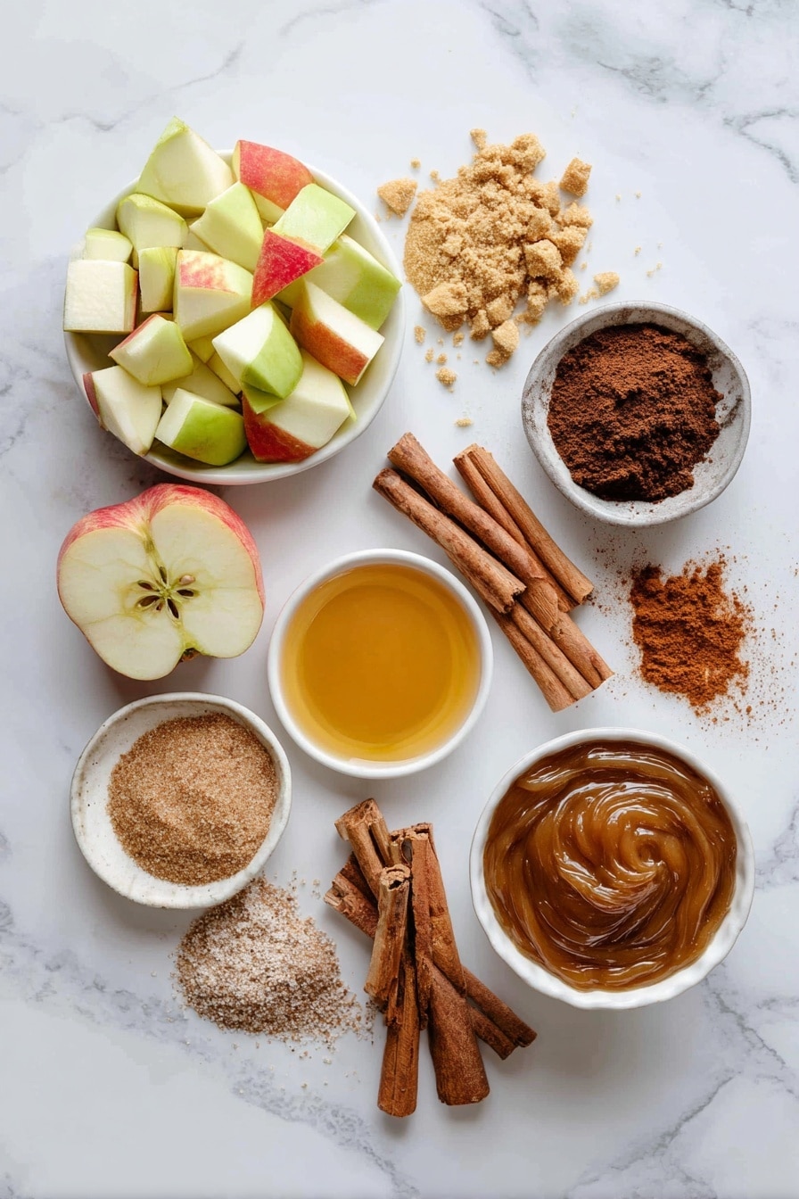 Flat lay of chopped honeycrisp apple pieces, a small mound of dark brown sugar, cinnamon sticks, ground cinnamon and nutmeg powders in neat piles, a drizzle of golden maple syrup pooling slightly, melted and browned butter with its rich caramel color, a swirl of apple butter, and a sprinkle of cinnamon sugar crystals, all beautifully arranged on a white marble surface, photo taken with an iphone --ar 2:3 --v 7 - Baked Apple Cider Doughnuts with Cinnamon Maple Glaze, baked apple cider doughnuts, fall cinnamon glazed doughnuts, homemade apple cider donuts, easy baked doughnut recipe