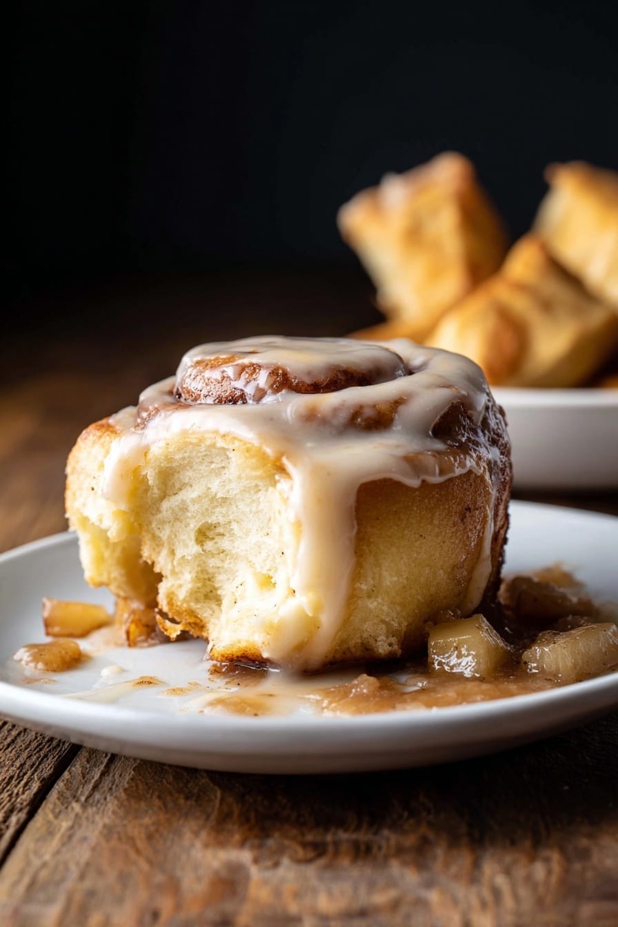 A single cinnamon roll is placed at the center of a white plate on a wooden surface. The cinnamon roll is light golden brown with visible swirls of cinnamon and a thick, creamy beige icing covering the top and slightly dripping down the sides. Around the cinnamon roll, there is a light brown sauce with small pieces of apple-like chunks scattered on the plate. To the left, a portion of the cinnamon roll is torn off, showing its soft, fluffy, and yellowish interior texture. In the background, three pieces of torn pastry or dough stand upright, slightly out of focus. The background is dark, creating a strong contrast with the plate and the cinnamon roll. photo taken with an iphone --ar 2:3 --v 7 - Apple Cinnamon Rolls with Brown Butter Maple Icing, cinnamon rolls with apple and brown butter, homemade apple cinnamon rolls, easy apple cinnamon roll recipe, decadent breakfast cinnamon rolls