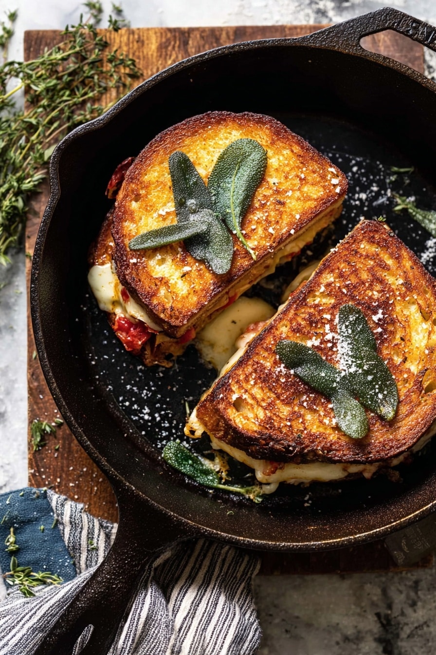 Two grilled sandwiches with golden brown crusts sit in a black cast iron pan, each topped with crispy green sage leaves and sprinkled with coarse salt. The sandwiches show a glimpse of melted cheese and slices of red tomato peeking from inside. The pan is placed on a rough wooden board, with fresh herbs scattered around and a striped cloth napkin at the edge. The background is changed to a white marbled texture. photo taken with an iphone --ar 2:3 --v 7 - French Onion and Apple Grilled Cheese, gourmet grilled cheese sandwich, caramelized onion apple sandwich, fall-inspired grilled cheese, prosciutto and cheese melt