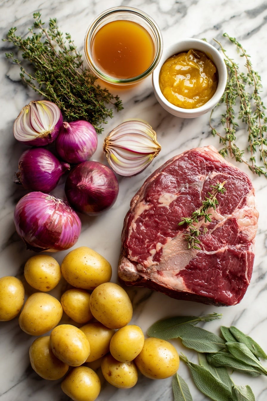 Flat lay of a thick beef chuck roast, golden small potatoes, fresh sage leaves, bright yellow onions thinly sliced, halved shallots with their soft purple tones, a small bowl of apple butter, sprigs of fresh thyme, and a glass of amber apple cider, all beautifully arranged and vibrant, placed on a white marble surface, photo taken with an iphone --ar 2:3 --v 7 - Cider Braised Pot Roast with Crispy Sage Potatoes, pot roast with apple cider, slow cooker beef recipes, easy comfort food, savory potato side dishes