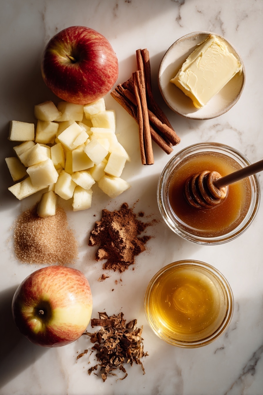 Flat lay of a Honeycrisp apple chopped into small pieces, a small pile of dark brown sugar, a few sticks of cinnamon, ground nutmeg and ground ginger scattered delicately, a pat of salted butter partially melted, a small jar of smooth apple butter with a wooden dipper beside it, and a small glass bowl of golden apple cider reduction, all beautifully arranged with warm lighting and natural shadows placed on a white marble surface, photo taken with an iphone --ar 2:3 --v 7 - Baked Cinnamon Crunch Apple Cider Doughnuts, fall baked doughnuts, cinnamon sugar doughnuts, apple cider baked treats, easy autumn doughnut recipe